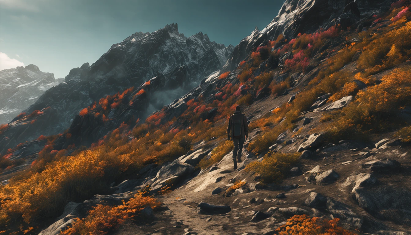 (Dark magic:1.2), (Grim:1.1) forest, springtime，A man stands in the Alps, (Intricate details), (ultra - detailed), 8k hdr, high detal, A lot of detail, High quality,dingdall effect (Colored:1.3)