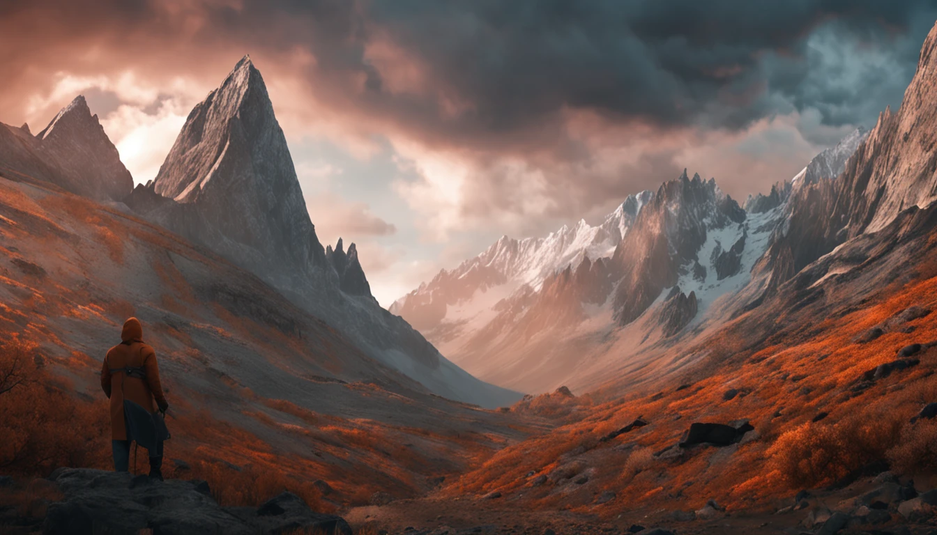 (Dark magic:1.2), (Grim:1.1) forest, springtime，A man stands in the Alps, (Intricate details), (ultra - detailed), 8k hdr, high detal, A lot of detail, High quality,dingdall effect (Colored:1.3)
