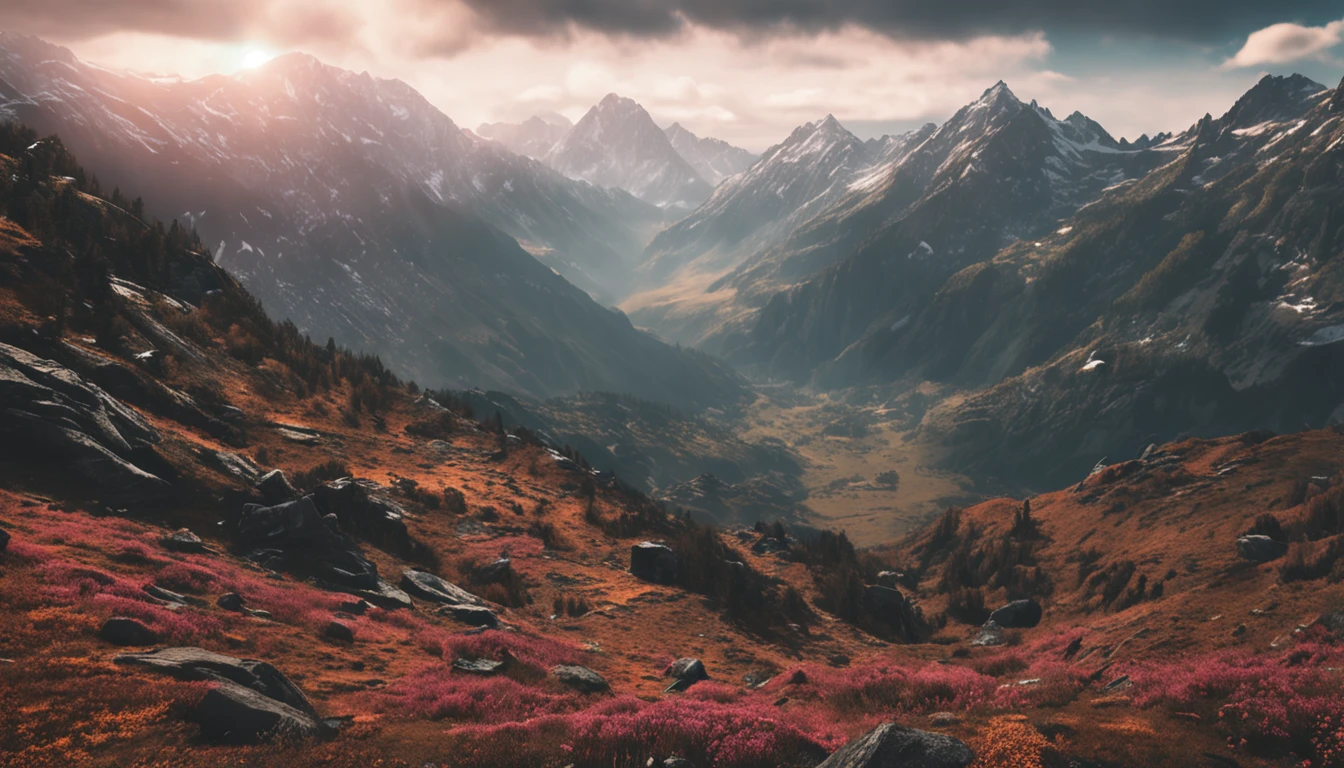 (Dark magic:1.2), (Grim:1.1) forest, springtime,A man stands in the Alps, (Intricate details), (ultra - detailed), 8k hdr, high detal, A lot of detail, High quality,dingdall effect (Colored:1.3)