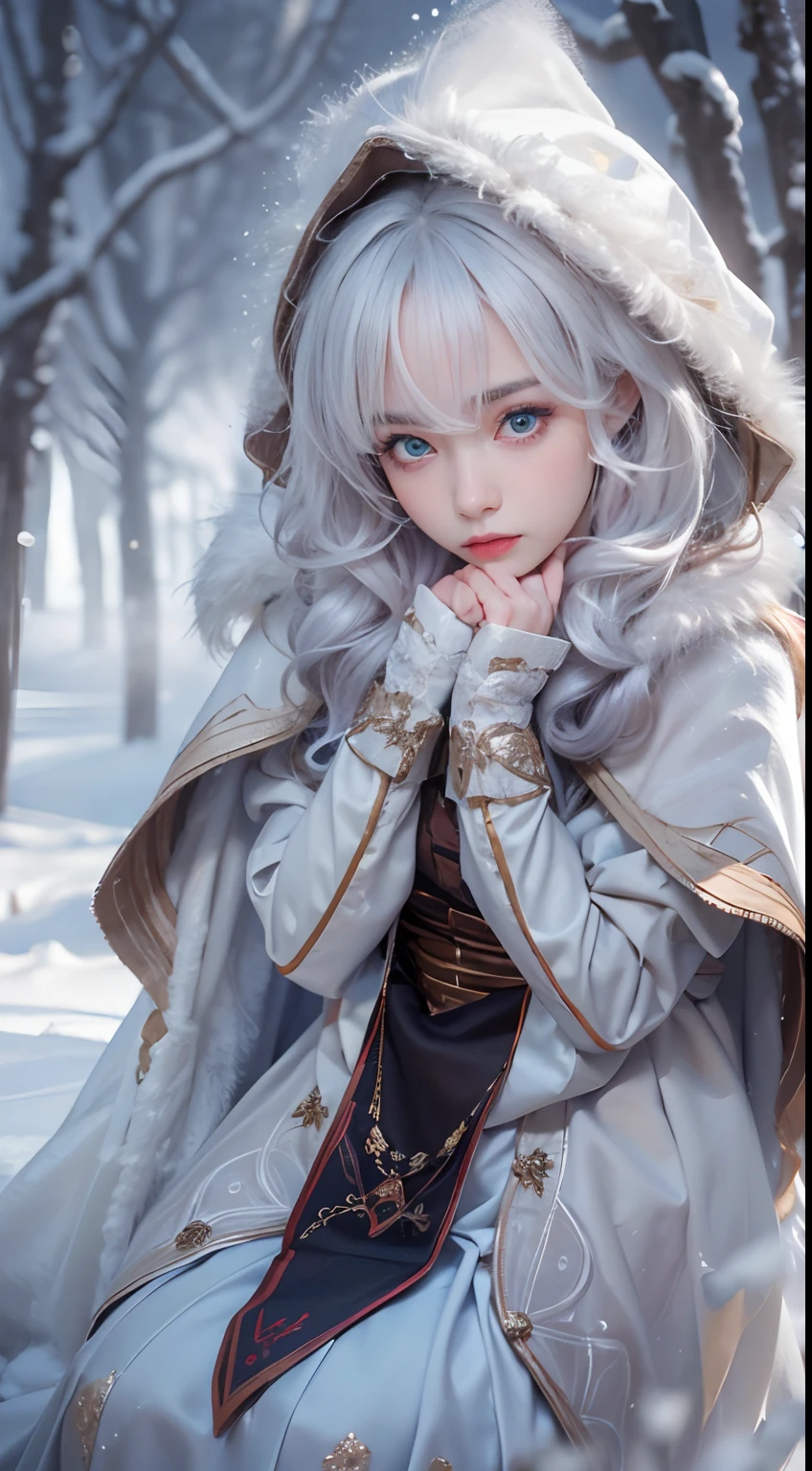 ((Works of masters)),(ultra high resolution),1 girl,Glowing eyes,Tears of sadness, Sitting, Lolita costume,Cloak (Snow, Snow,Outdoor activities in winter:1.2),