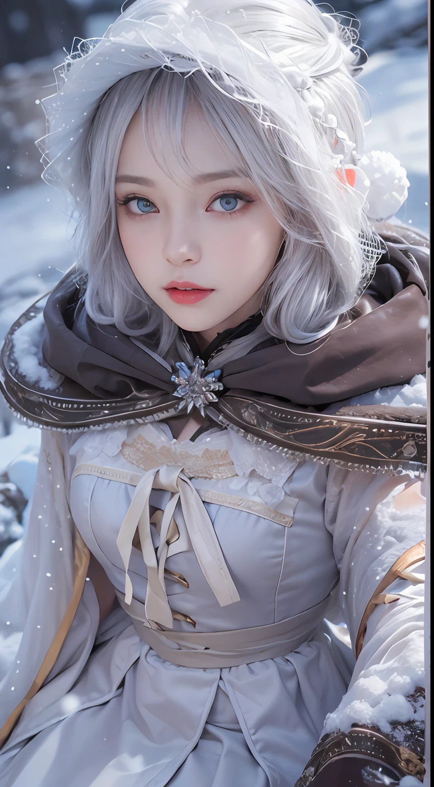 (8K, RAW photo, Photorealistic:1.4)， high resolution, 1 Women, Solo,。.。.3D，Sitting,(Lolita costume)，Wear a flowing skirt， Beautiful eyes, White hair, ringed eyes, (sitted，Cloak，Heavy snow)，snowfield