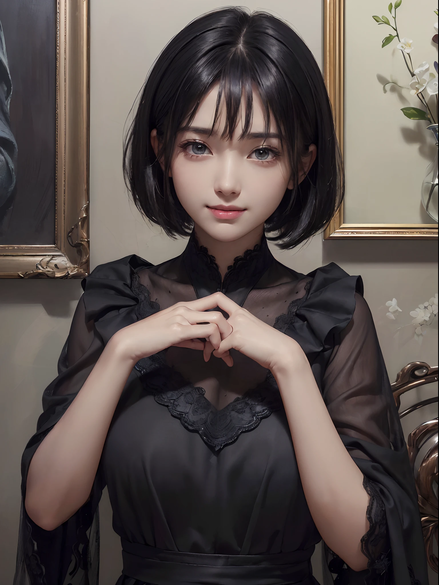 (A hyper-realistic)、(illustratio)、(hight resolution)、(8K)、(ighly detailed)、(Best Illustration)、(beautifully detailed eyes)、(top-quality)、(ultra-detailliert)、(​masterpiece)、(wall-paper）、（A detailed face）、独奏、1 girl in、looking at viewert、fine detailed、A detailed face、in the darkness nigth、deep-shadows、lowkey、pureerosfaceace_v1、a smile、((short-hair))、Black shawl straight hair、46-point diagonal bangs、picture frame、painterly