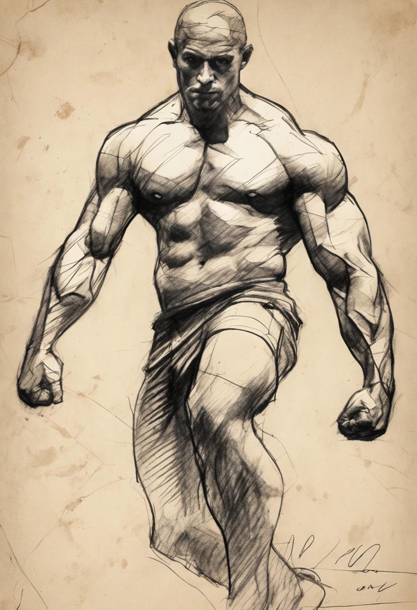 Coarse charcoal sketch on old paper, Muscular male image,Dynamic pose,Clean line art,+Expressive lines,Painting in an expressive sketch style, hatching, Black and white sketch, handpainted, Coarse charcoal sketch on old paper, Muscular male image,Dynamic pose,Clean line art,+Expressive lines,Painting in an expressive sketch style, hatching, Black and white sketch, handpainted, sketching, Linear style::Sketch note style sketch, Linear style::Sketch note style