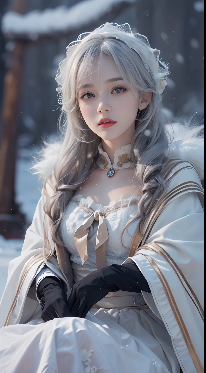 (8K, RAW photo, Photorealistic:1.4)， high resolution, 1 Women, Solo,。.。.3D，Sitting,(Lolita costume)，Wear a flowing skirt， Beautiful eyes, White hair, ringed eyes, (sitted，Cloak，Heavy snow)，snowfield