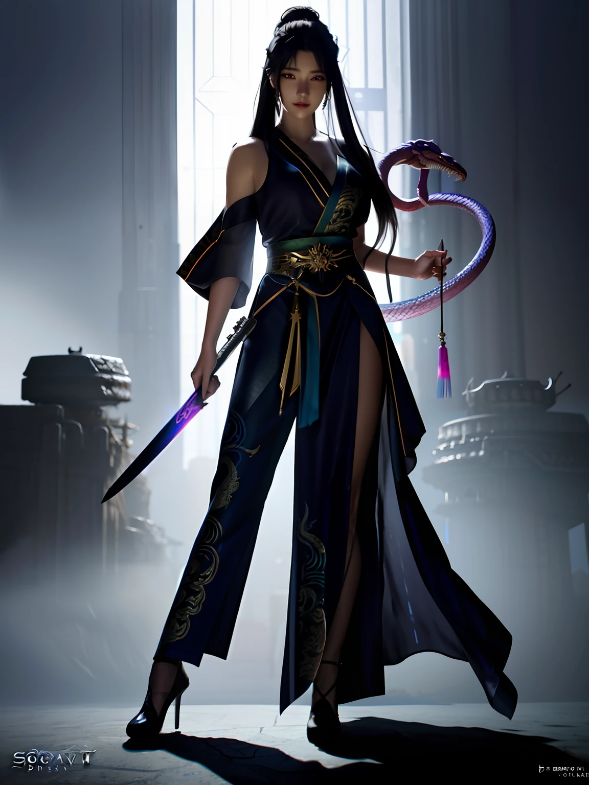 Close-up of a woman holding a sword and a snake, spirit fantasy concept art, Deviantart ArtStation CGSCOSIETY, beautiful full-body concept art, Spirit warrior, trending on artstation pixiv, artstation concept art, artstation concept, very beautiful cyberpunk samurai, concept art digital illustration, illustration concept art, deviantart artstation, concept design art