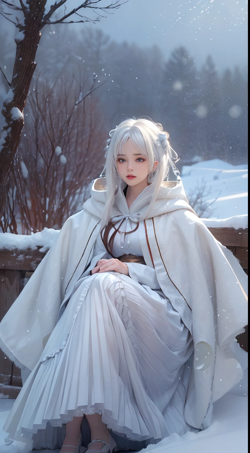 (8K, RAW photo, Photorealistic:1.4)， high resolution, 1 Women, Solo,。.。.3D，Sitting,(Lolita costume)，Wear a flowing skirt， Beautiful eyes, White hair, ringed eyes, (sitted，Cloak，Heavy snow)，snowfield