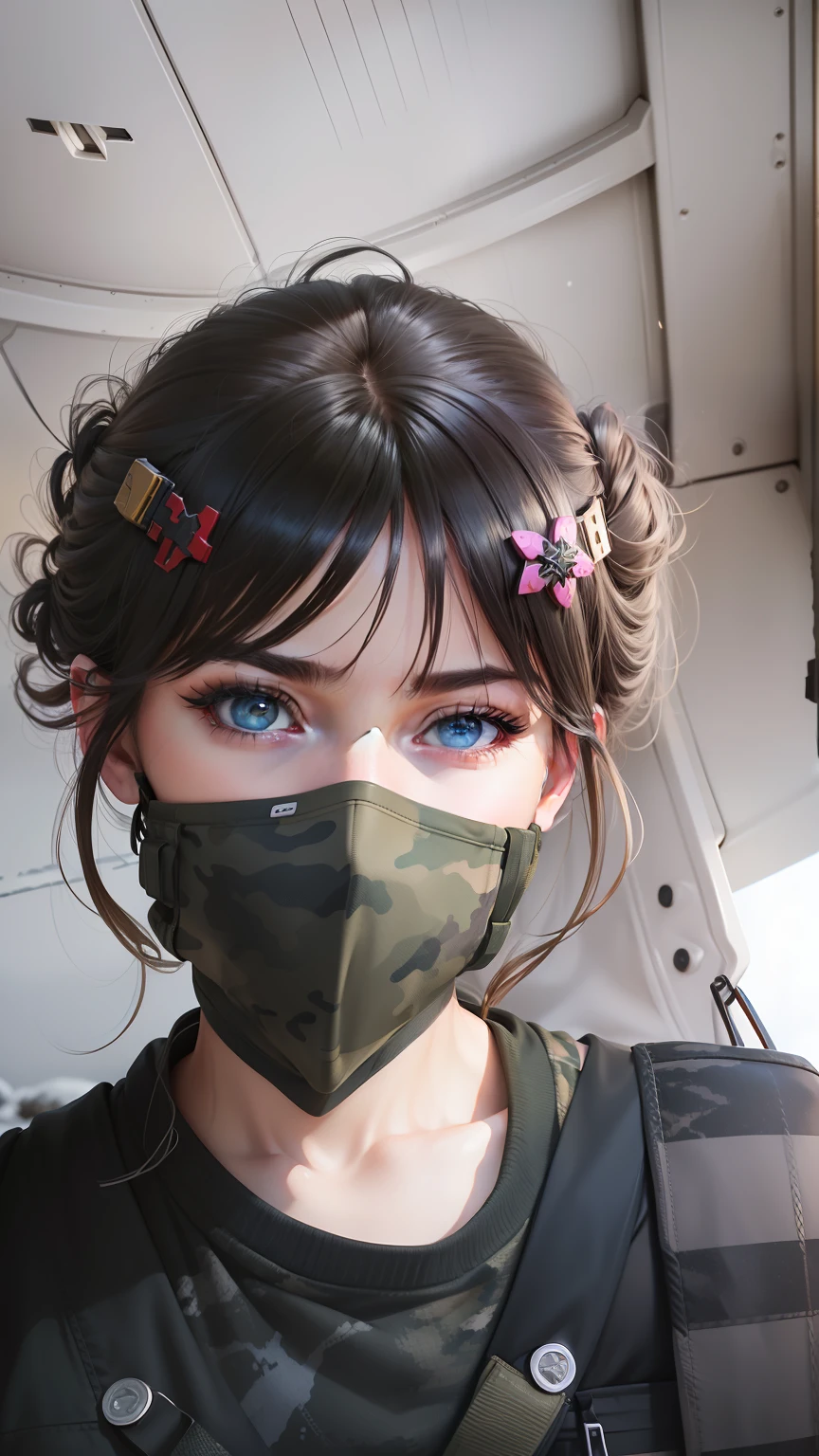 (Photorealistic), Beautiful lighting, Best quality, Realistic, Full body portrait, Real picture, Intricate details, Depth of field, 1girll, In a cold blizzard, A girl with a very muscular hairstyle, Wear a winter camouflage military uniform, Camouflage plate bracket drilling rig, Combat gloves, (Magasin bags), (Knee protectors), highly detailed, Perfect face, Blue eyes, Lips, Wide hips, Small waist, Tall, make up, Tacticool, Fujifilm XT3, Outdoors, Bright day, Beautiful lighting, RAW photo, 8K UHD, filmgrain, ((Bokeh))