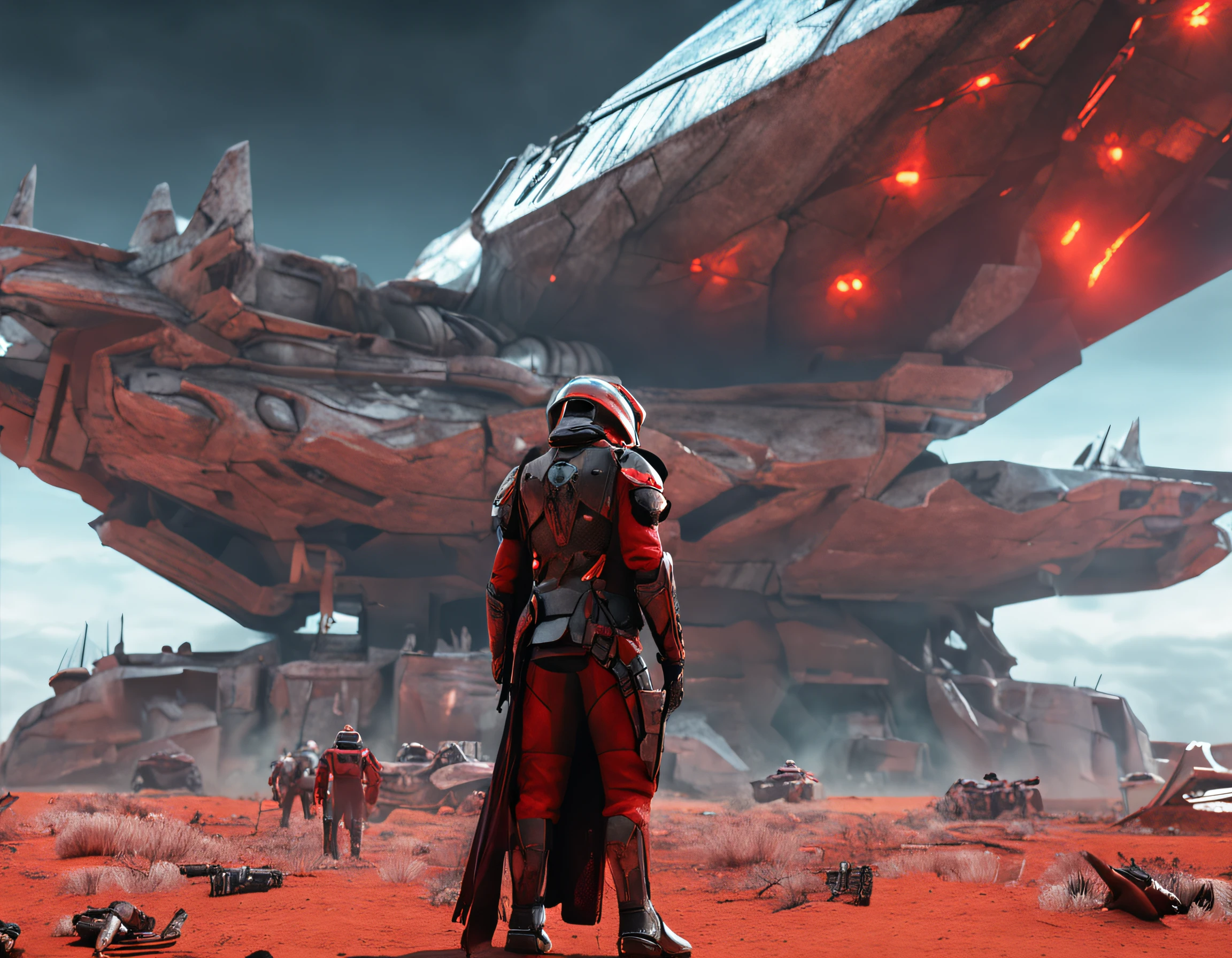 Future Battlefield,Alien Civilization War,Gunsmoke fills,A small mound,A red flag is planted on it,A soldier in armor,full armour,The background is the army of the SA,The picture is stunning,Magnificent,Magnificent,in the style of futuristic