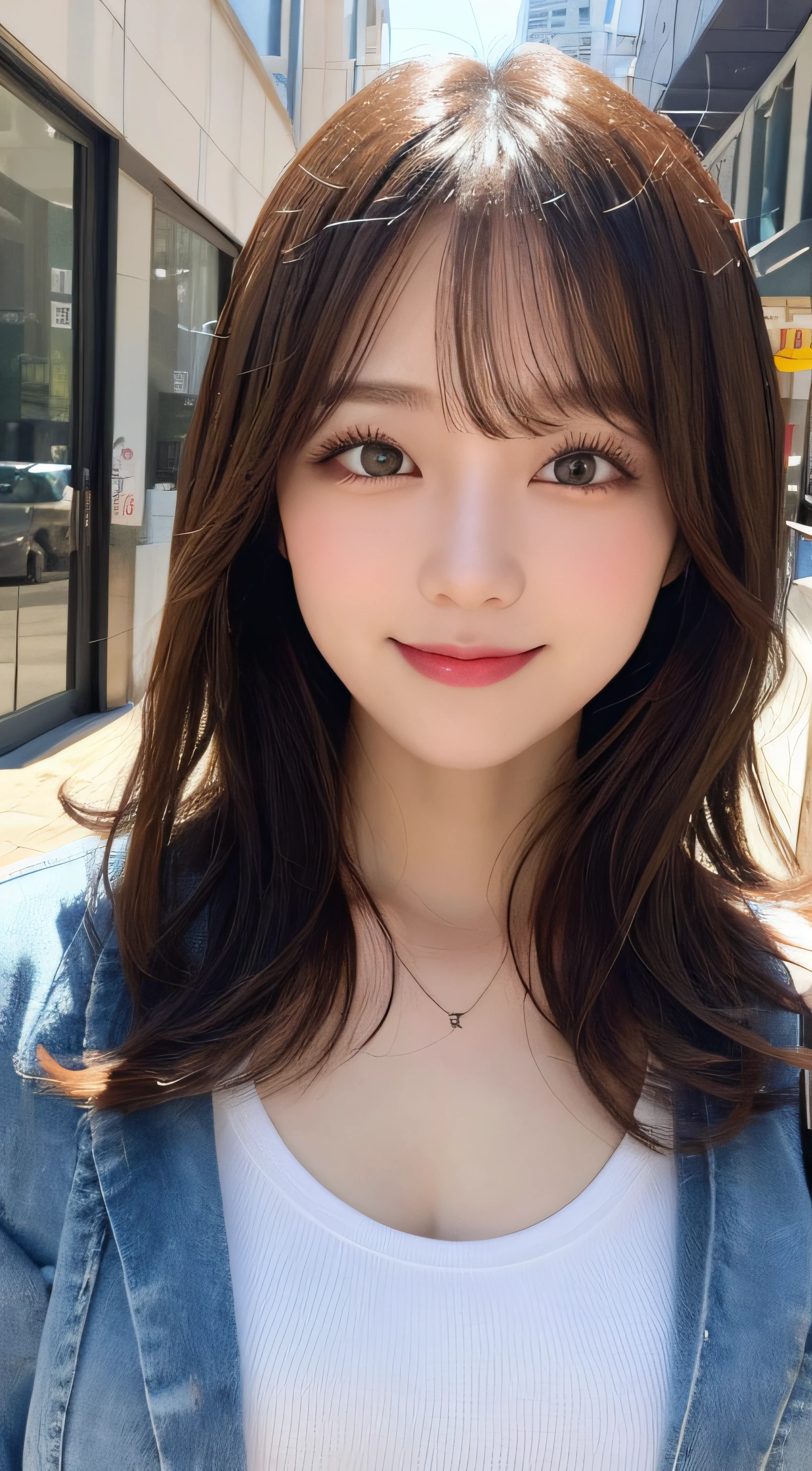 muste piece, highest quality, figure, super detailed, finely, High resolution, 8k wallpaper, 完璧なダイナミックな構figure, detailed and beautiful eyes, ladies fashion summer,medium hair,small breasts natural color lip, bold sexy pose,smile,Harajuku、20 year old girl、cute、sexy shot looking at camera