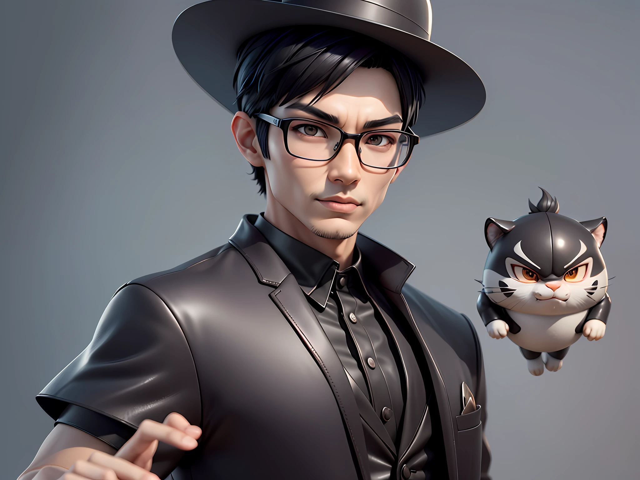 Young man with oriental face in leather hat, tiger, oriental face in formal suit, short black hair, silver glasses, digital painting, 3D character design by Mark Clairedon and Pixar and Hayao Miyazaki and Akira Toriyama, the illustration is a high-definition illustration in 4K resolution with very detailed facial features and cartoon-style visuals.