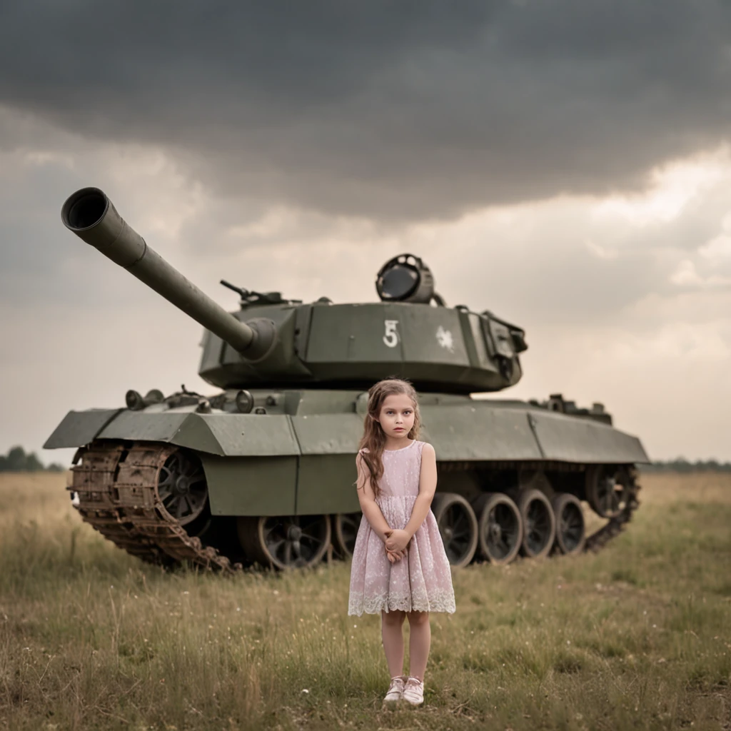 girl hold the flower stand in the middle of war tanks at battle field, dramatic sky, cinematic style