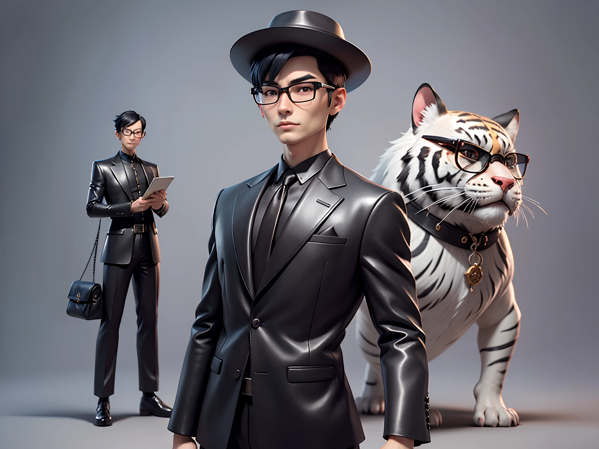 Young man with oriental face in leather hat, tiger, oriental face in formal suit, short black hair, silver glasses, digital painting, 3D character design by Mark Clairedon and Pixar and Hayao Miyazaki and Akira Toriyama, the illustration is a high-definition illustration in 4K resolution with very detailed facial features and cartoon-style visuals.