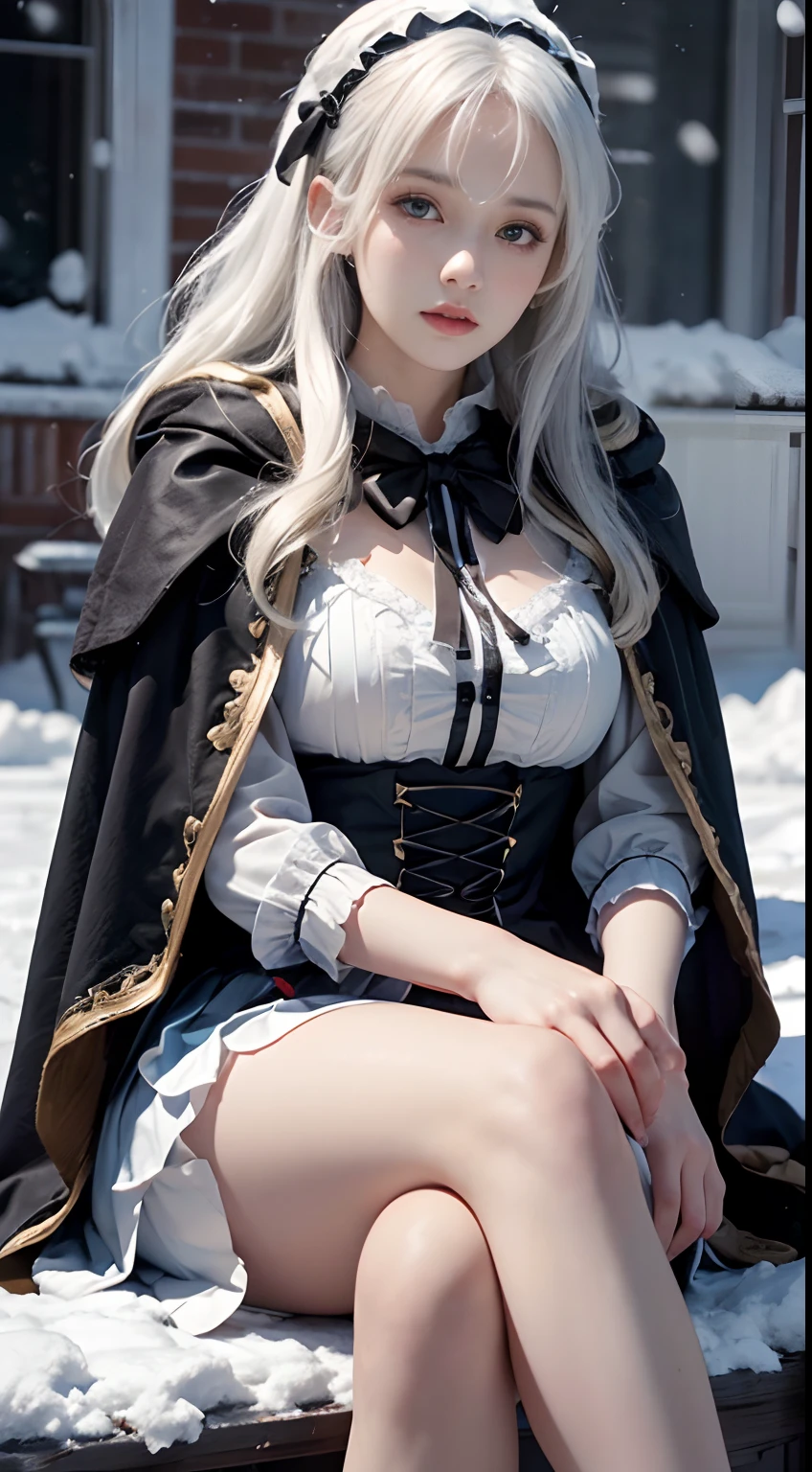 (8K, RAW photo, Photorealistic:1.4), high resolution, 1 Women, Solo,。.。.3D,Sitting,(ta costume),Wear a flowing skirt, Beautiful eyes, White hair, ringed eyes, (sitted,Cloak,Heavy snow),snowfield