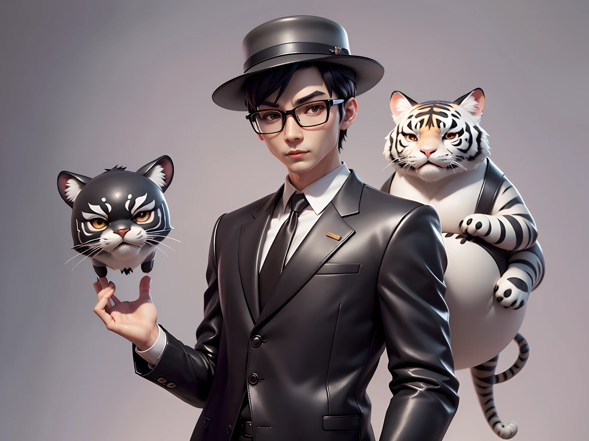 Young man with oriental face in leather hat, tiger, oriental face in formal suit, short black hair, silver glasses, digital painting, 3D character design by Mark Clairedon and Pixar and Hayao Miyazaki and Akira Toriyama, the illustration is a high-definition illustration in 4K resolution with very detailed facial features and cartoon-style visuals.