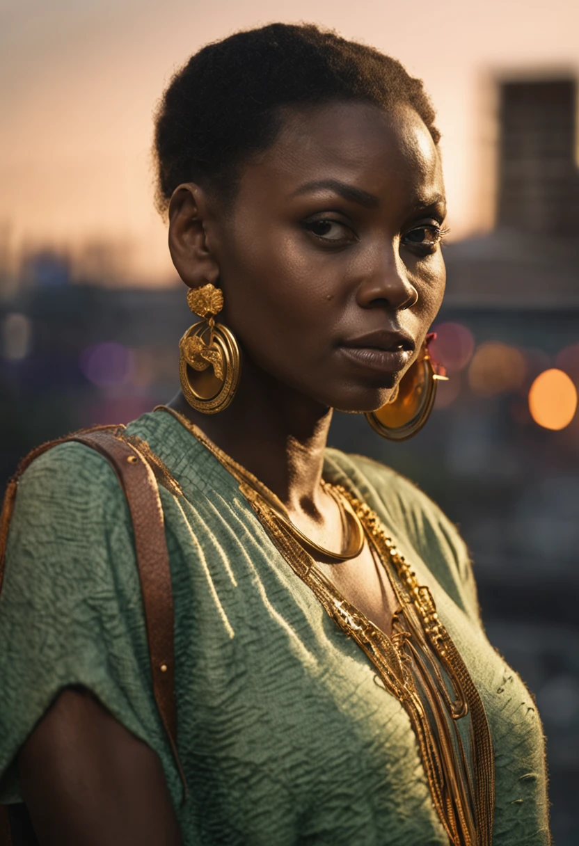 a detailed photo of a 32 year old Nigerian woman,(beautiful green eyes),gold earrings,cyberpunk background,RAW,close portrait photo,8k uhd,dslr,soft lighting,high quality,film grain,canon r5,f 2.0,shallow depth of field,(angry)