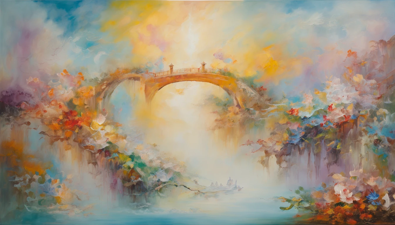 painting of a ancient bridge in the sky, a Chinese fairy girl flying over white cloud, flowers and water, divine realm of the gods, Heaven in mist!!!!!!!!, divine illumination, super details, esoteric equation heaven, breathtaking, breathtaking art, Floating everything in the sky, futuristic utopian metropolis, Chinese painting