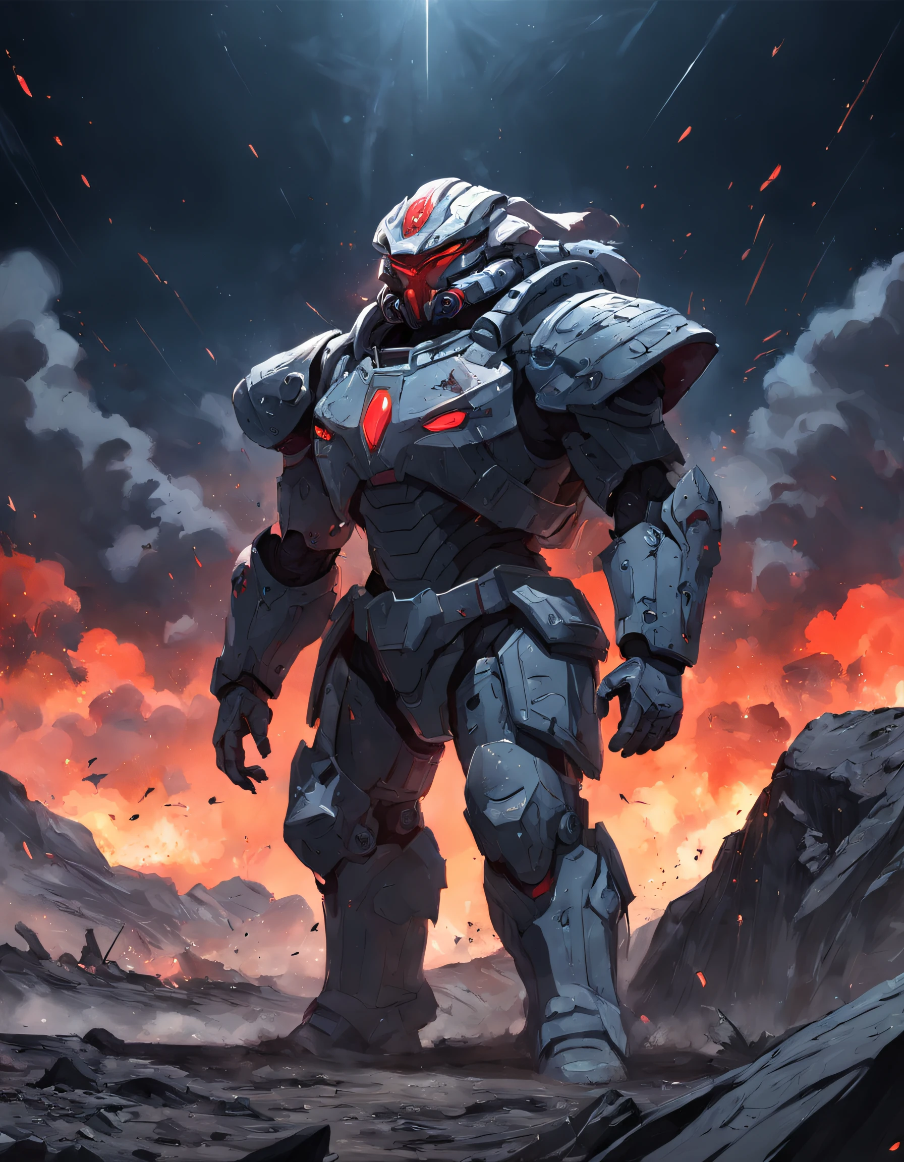 Future Battlefield，Alien Civilization War，Gunsmoke fills，A small mound，A red flag is planted on it，A soldier in armor，full armour，The background is the army of the SA，The picture is stunning，Magnificent，Magnificent，in the style of futuristic