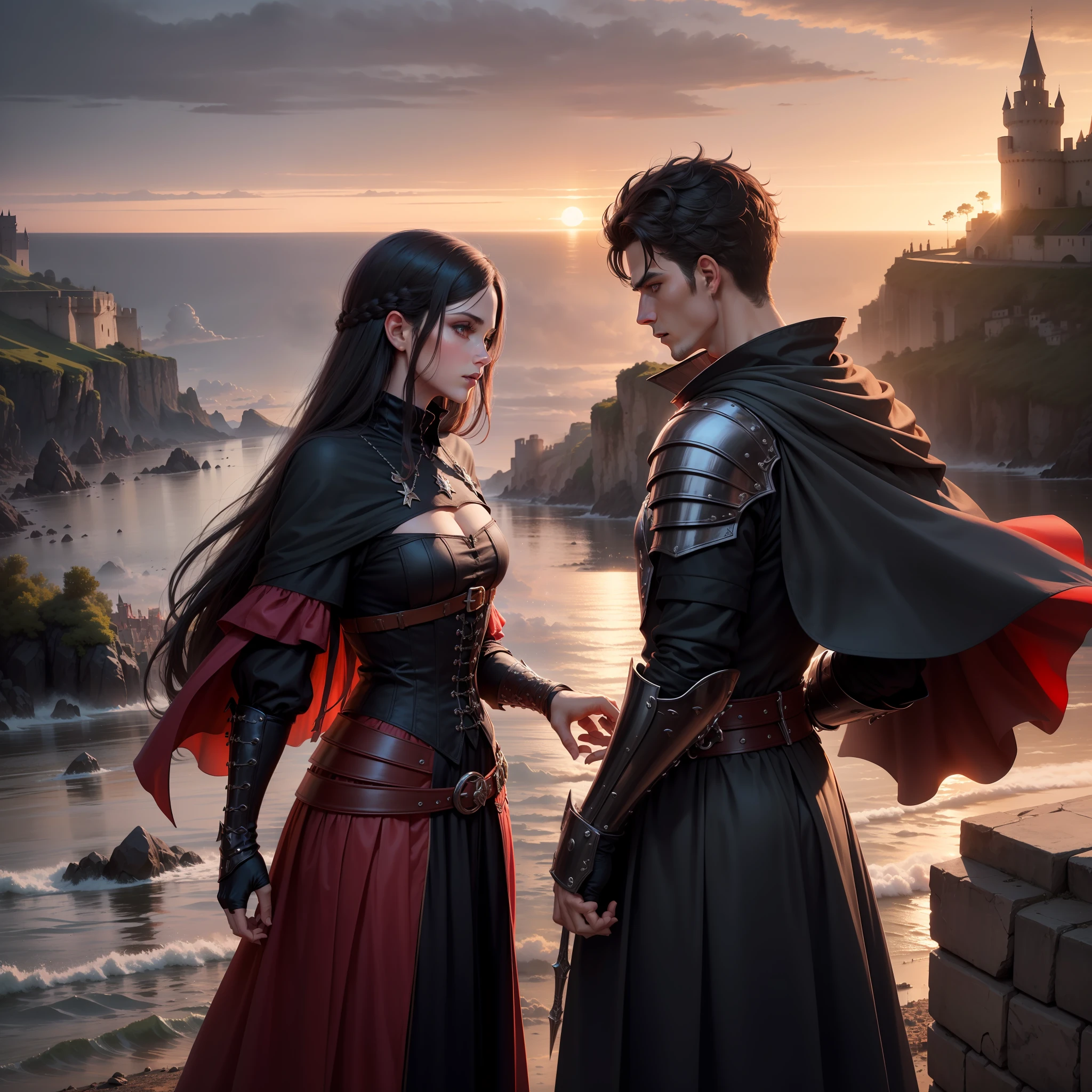 Dois personagens guerreiros, entardecer, 8k, magnifica, Poderoso, magia, Mantos, Cidade medieval, dramatic scene, Colors of Gothic armor red and black, sky with many clouds, fluttering cover, manto, tunic, castelo, humanos sem asas,