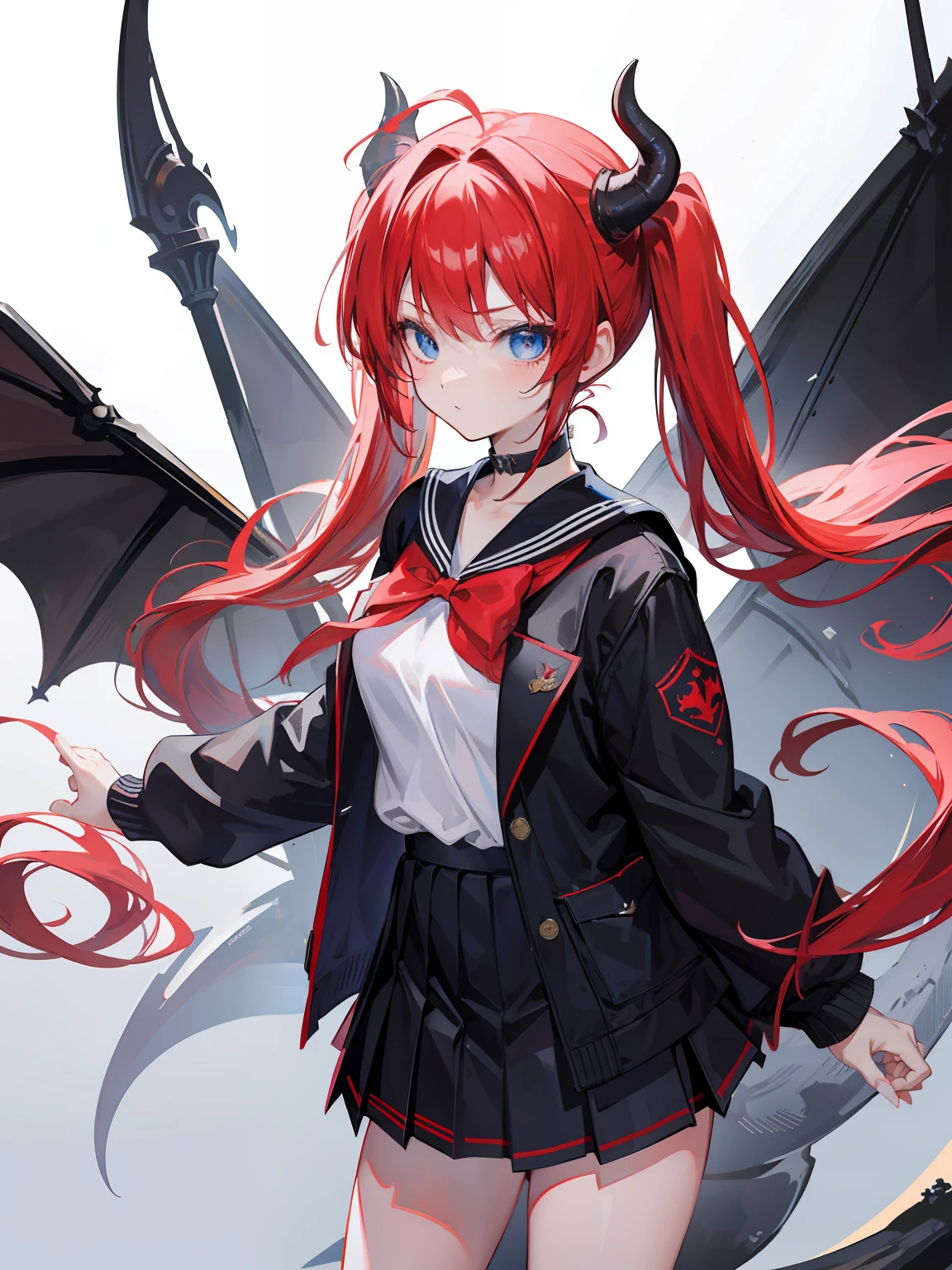 Red hair, Blue eyes, Sailor suit,Black coat, Dragon horns,Pleated skirt,Solo,Loli,Cute,bow