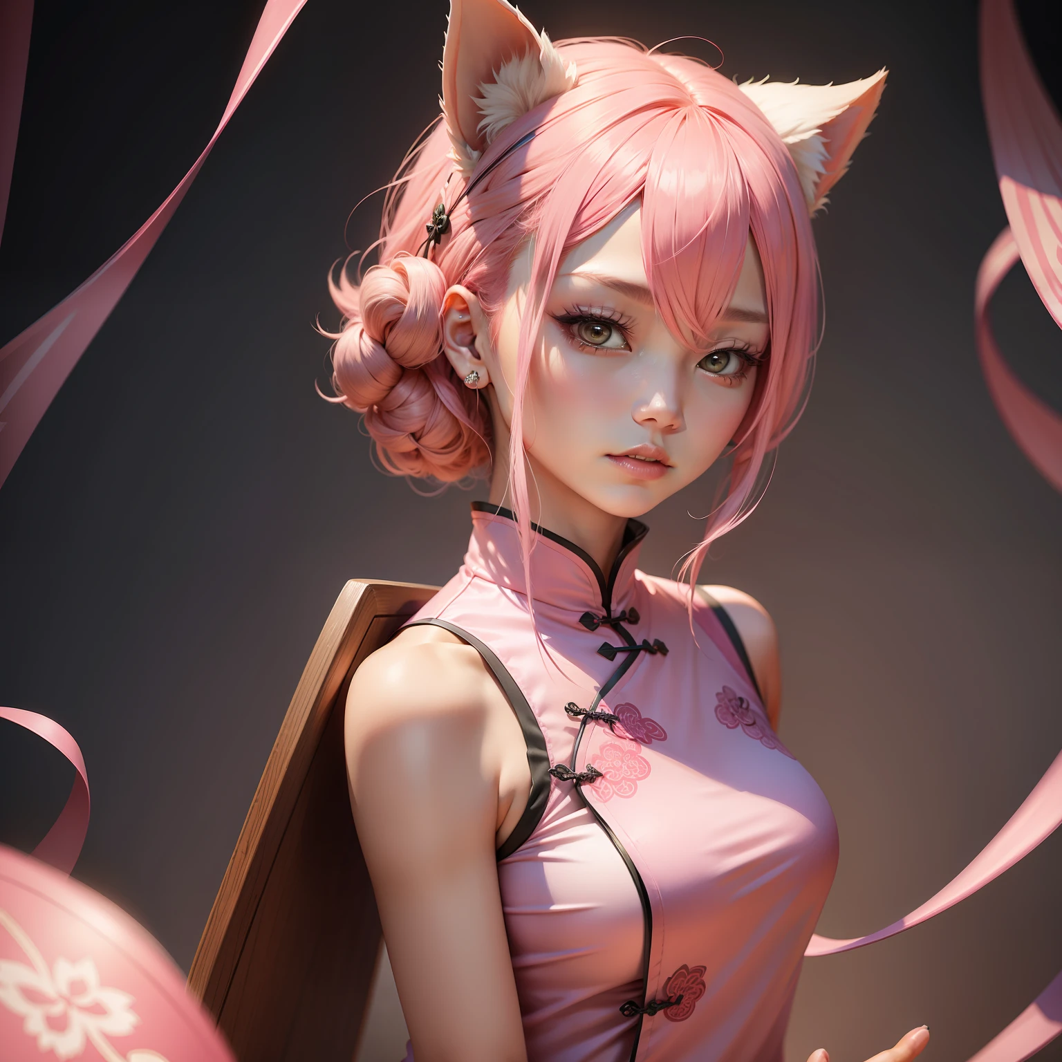 Pink hair,beast ear,on cheongsam