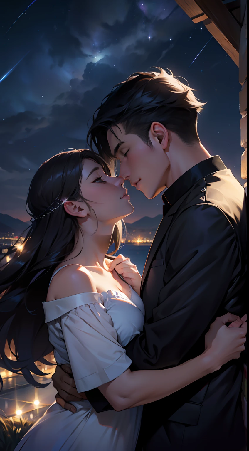 As night fell,Soft starlight shines on lovers,They kiss romantically under the bright starry sky,