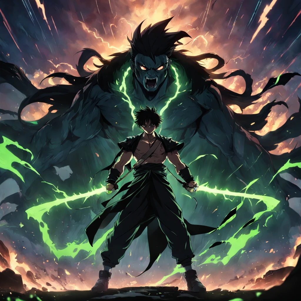 ​masterpiece, top-quality, Film Still, 1male people, Mohican,The power of darkness in the right hand, Black and green theme colors, 发光, irate, dark ilumination, (Black thunder: 0,7)