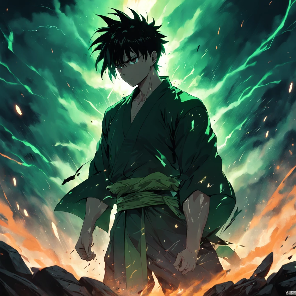 masterpiece, top-quality, Film Still, 1male people, Mohican,The power of darkness in the right hand, Black and green theme colors, 发光, irate, dark ilumination, (Black thunder: 0,7)