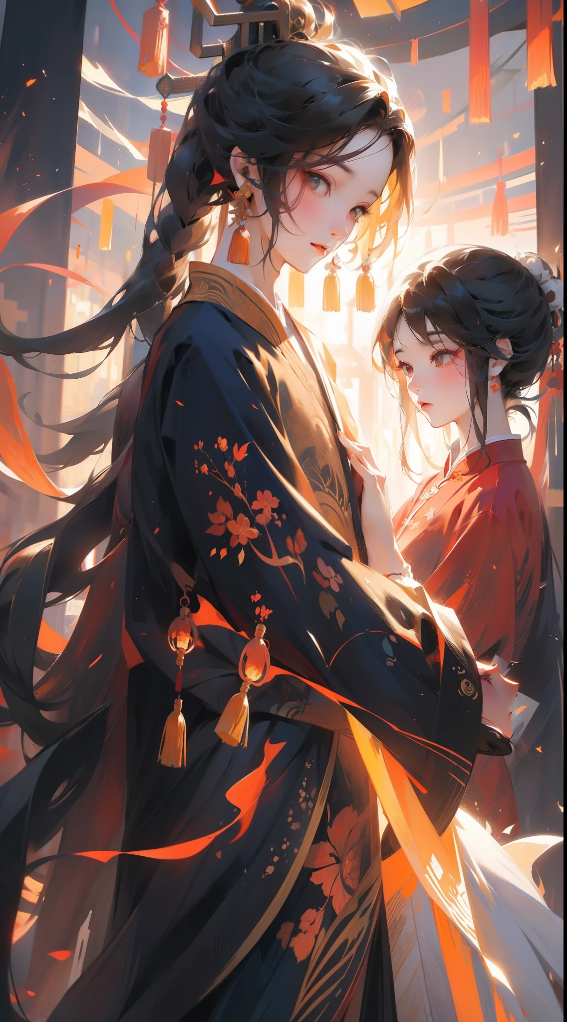 A Chinese couple,Tanabata, Magpie, Chinese landscape, abstract painting, Zen,Amy Sol style, cover art with light abstraction,simple vector art, contemporary Chinese art, color gradients, soft color palettes ,layered forms, whimsical animation, style Ethereal abstract --q2
