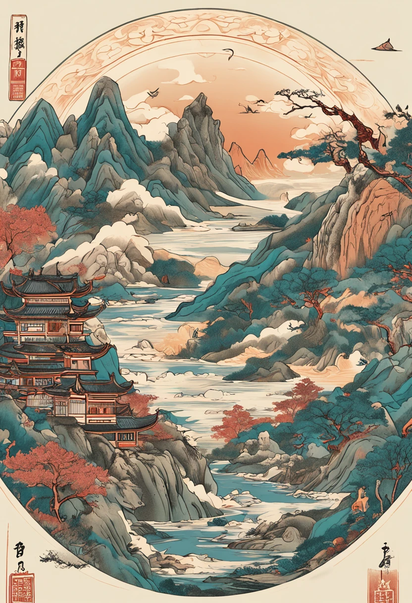 Mountain and Sea Lark Scroll，There are mountains and rivers in the picture、rios、grassy fields、Sun，Shirasawa、Unicorn、fenghuang、Many ancient divine beasts such as Qingqi appeared in the picture，Epic composition，shadowing，National style