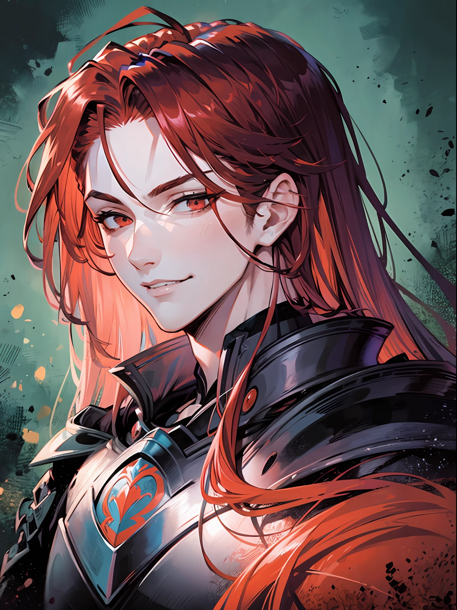 tmasterpiece, beste-Qualit, 独奏, 1boy, Long red hair, dark eyes, Gloomy armor, portraite of a, bloods, ssmile