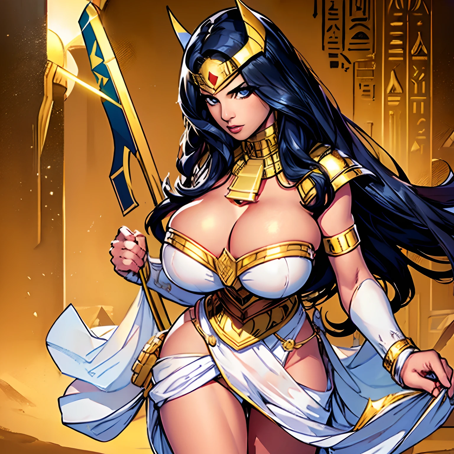 (masterpiece, top quality, best quality, official art, beautiful and aesthetic:1.2), (1girl:1.3), long and straight black hair, tanned skin, extremely detailed, portrait, looking at viewer, solo, (full body:0.6), detailed background, close up, mischievous eyes, (hot summer Egypt theme:1.1), Egyptian duelist woman, heavy Egyptian makeup, charlatan, smirk, mysterious, walking in desert, revealing white and gold and sapphire Egyptian silks, cobra headdress, white short skirts, criss cross top, jewelry, minimal armor, white fabric, gold jewelry, precious stones, dual sickle swords, ((((gigantic breasts, cleavage, skindentation)))), slim waist, slim hips, long legs, ancient (Egyptian temple exterior:1.1) background, dark mysterious lighting, shadows, magical atmosphere, dutch angle,