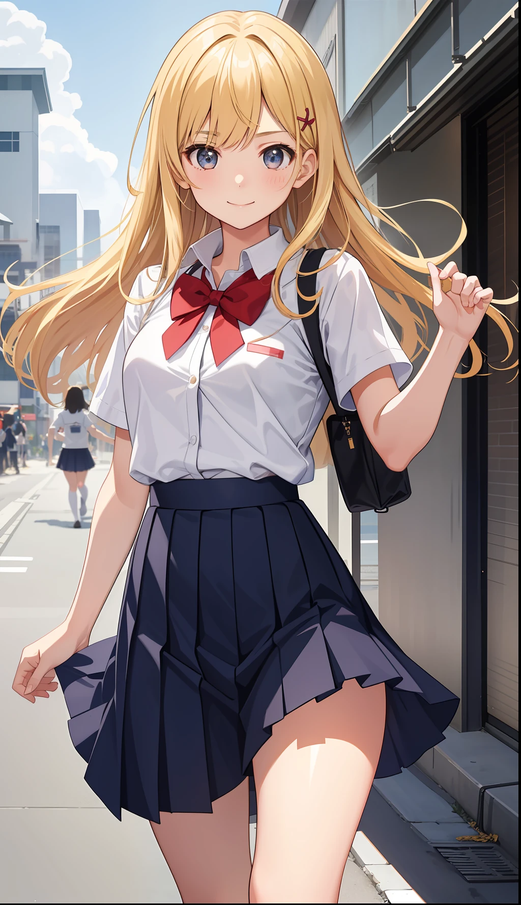 1girl in、A smile、The shirt、skirt by the、(small tits)Chilarism、Japan High School Student Uniform、serafuku、summer clothing、morning、Coming to school、Not being able to make it to class in time、Impatient、dash、(Running briskly)、(Sheer Bra)、blonde hair、