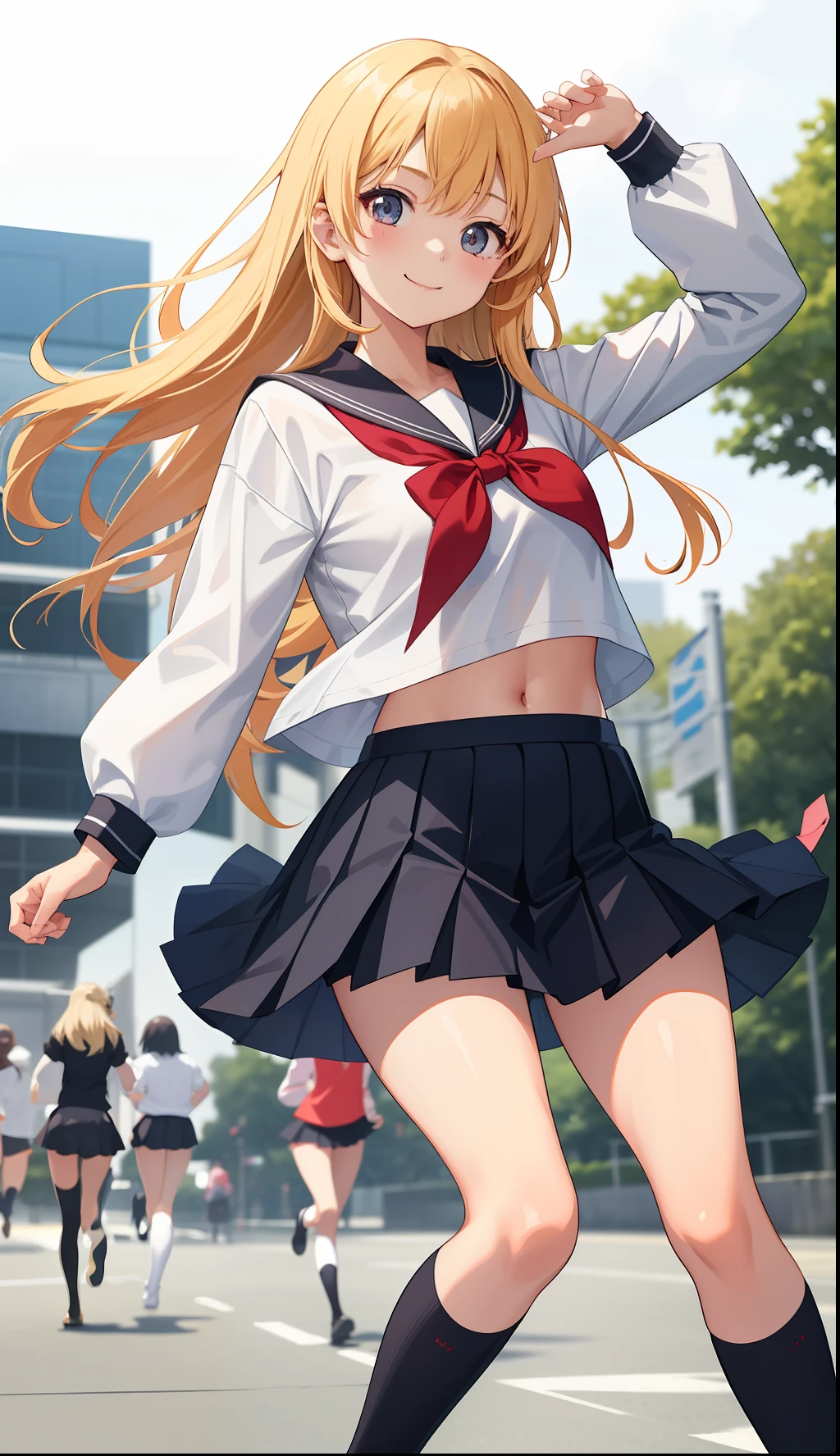 1girl in、A smile、The shirt、skirt by the、(small tits)Chilarism、Japan High School Student Uniform、serafuku、summer clothing、(Sheer Bra)、Upper body portrait、blonde hair、Dynamism!!Running with the wind、