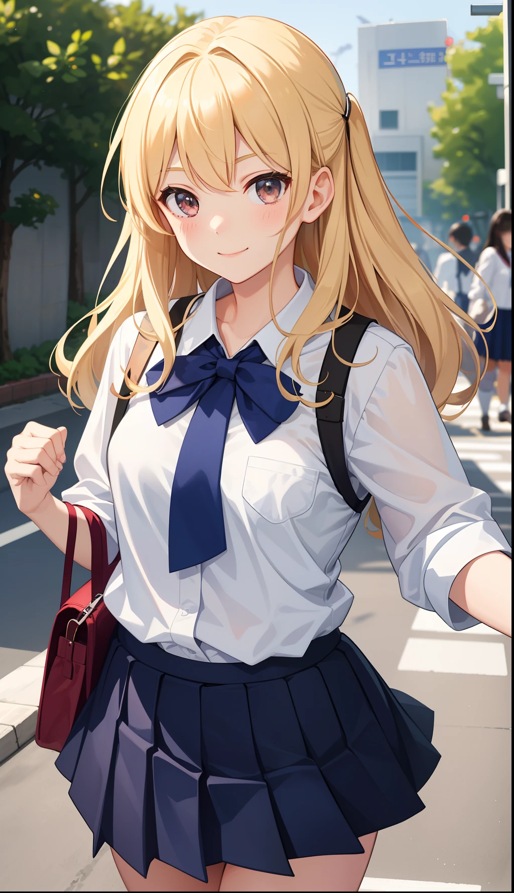 1girl in、A smile、The shirt、skirt by the、(small tits)Chilarism、Japan High School Student Uniform、serafuku、summer clothing、(Sheer Bra)、Upper body portrait、blonde hair、Dynamism!!Running with the wind、