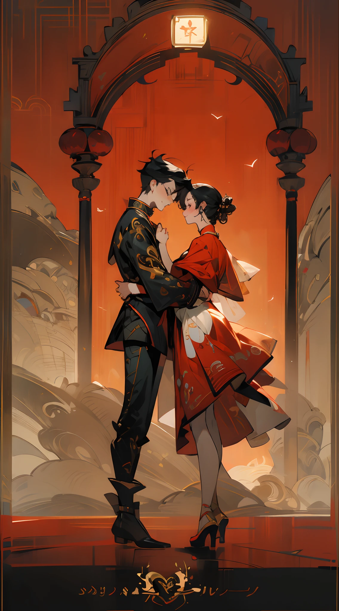(Super detailed CG unity 8k personality wallpaper,Masterpiece level,Best picture quality),(a young man and a woman),A couple,is dancing,Pleasure,gleeful,Love,love heart,magpie,Chinese costumes,China-style,meticuloso,Super meticulous,hyper HD,Valentine's Day,𝓡𝓸𝓶𝓪𝓷𝓽𝓲𝓬,warm