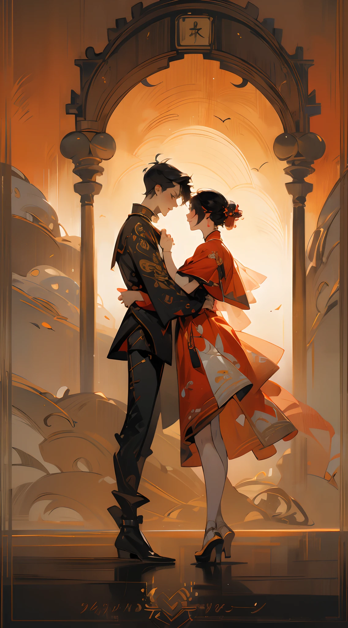 (Super detailed CG unity 8k personality wallpaper，Masterpiece level,Best picture quality),（a young man and a woman），A couple，is dancing，Pleasure，gleeful，Love，love heart，magpie，Chinese costumes，China-style，meticuloso，Super meticulous，hyper HD，Valentine's Day，𝓡𝓸𝓶𝓪𝓷𝓽𝓲𝓬，warm