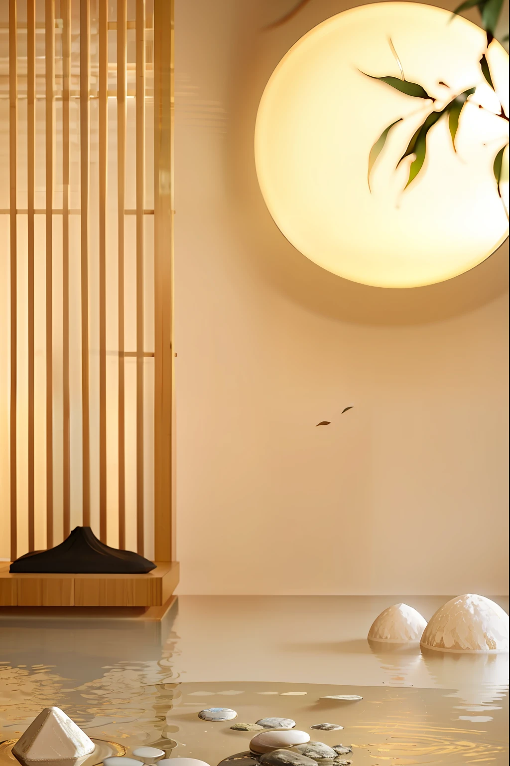 There is a small white object floating in the water, Warm ambient light, warm lighting with cool shadows, Warm ambient lighting, inspired by Sesshū Tōyō, inspired by Itō Jakuchū, Relaxed. gold background, warm lighting interior, inspired by Li Di, inspired by Sōami, tranquil lighting