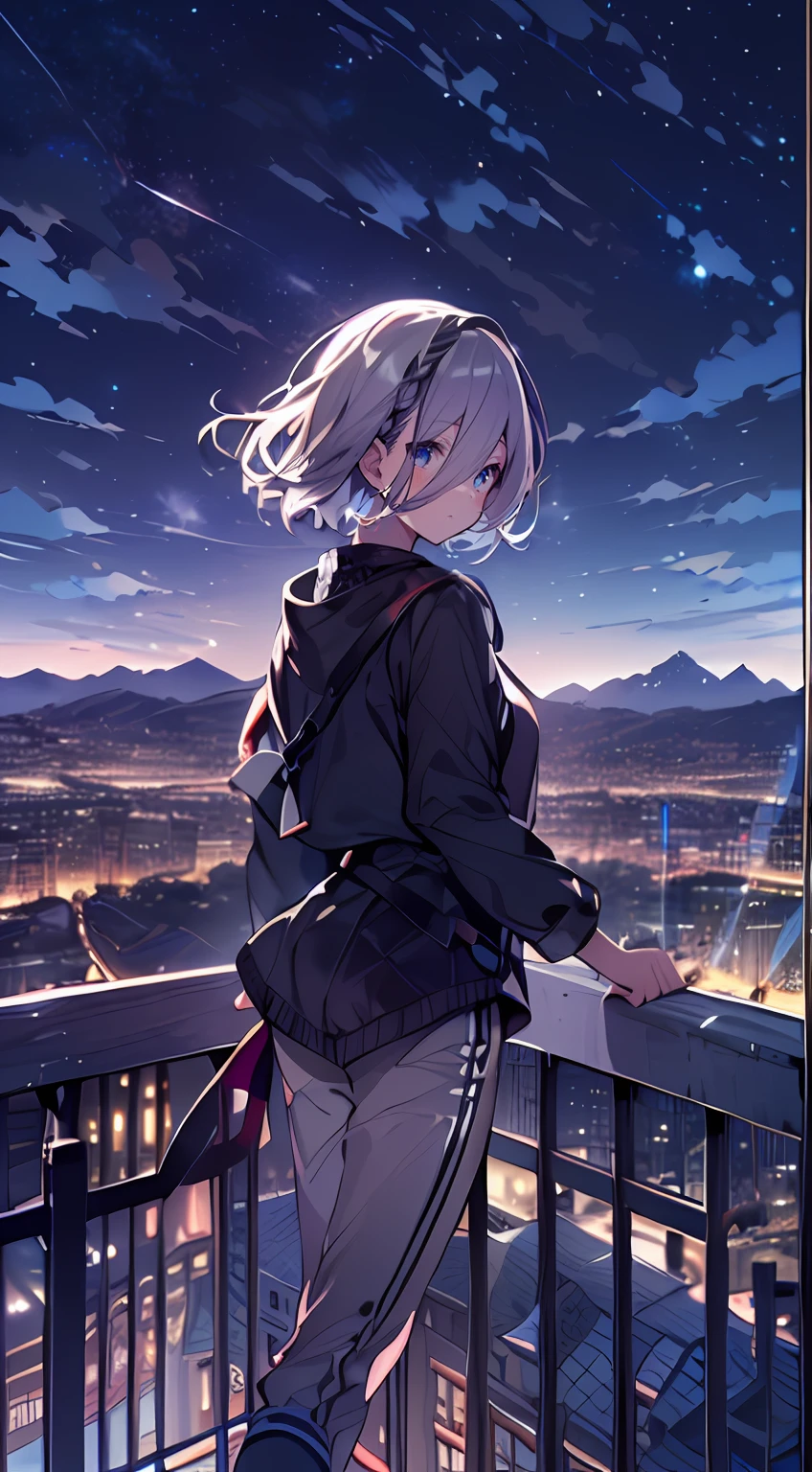 masutepiece, Best Quality,Illustration, Wallpaper, Ultra Detail, absurderes, 1girl in、 (Medium short hair、short braided hair), Beautiful ultra-detailed eyes , Hair fluttering in the wind、Smaller head、Beautiful night sky、(a panoramic view:1.5)