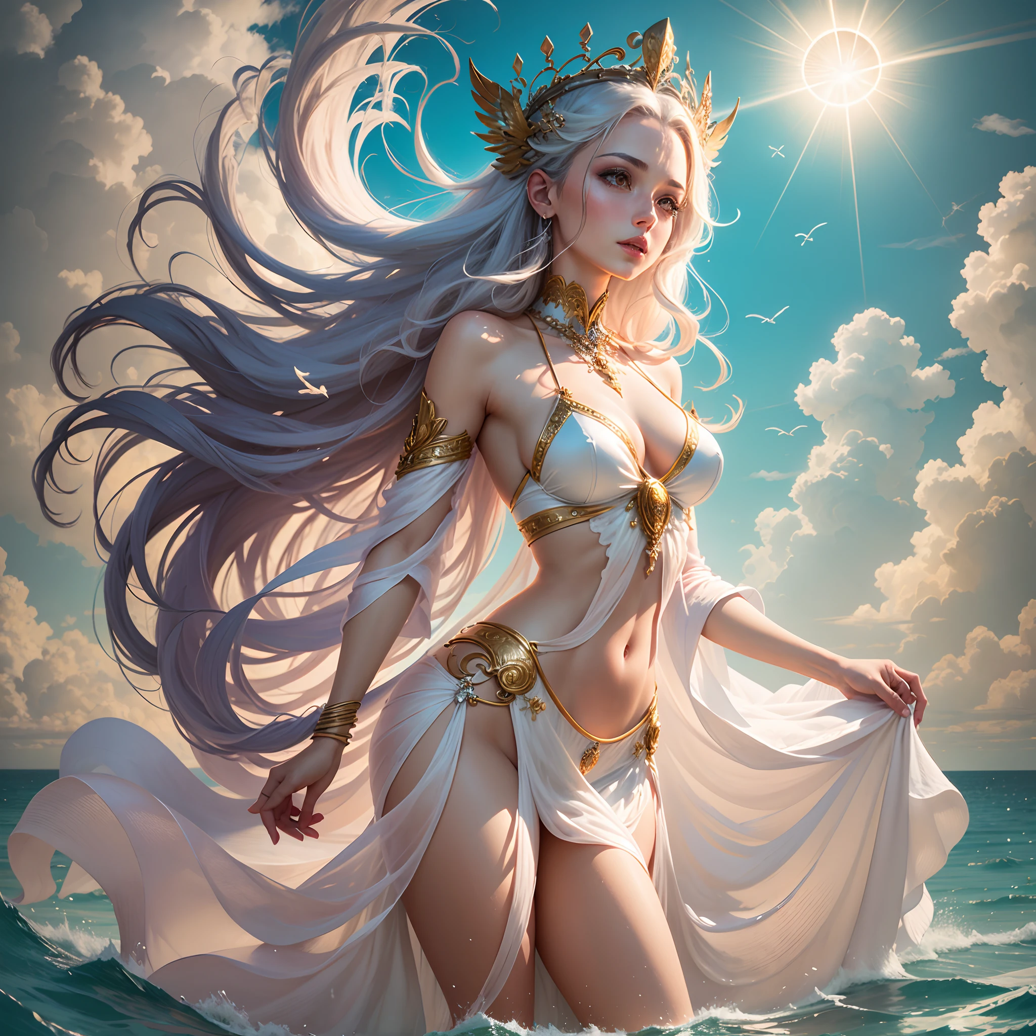 A beautiful woman floating on the sea like a god, the goddess of the sea, the light of the gods, mystics, fantasies, magical photography, magic, white transparent tight dresses, details in the sunlight, spirituality, a woman with white skin, pink body skin, beautiful clear seawater, sparkling fish jumping, surreal images, hair in the wind, psychedelic colors, beautiful realistic sunshine, conceptual art, Great composition, best quality, intricate details, golden moments, wonderful, mysterious --auto --s2