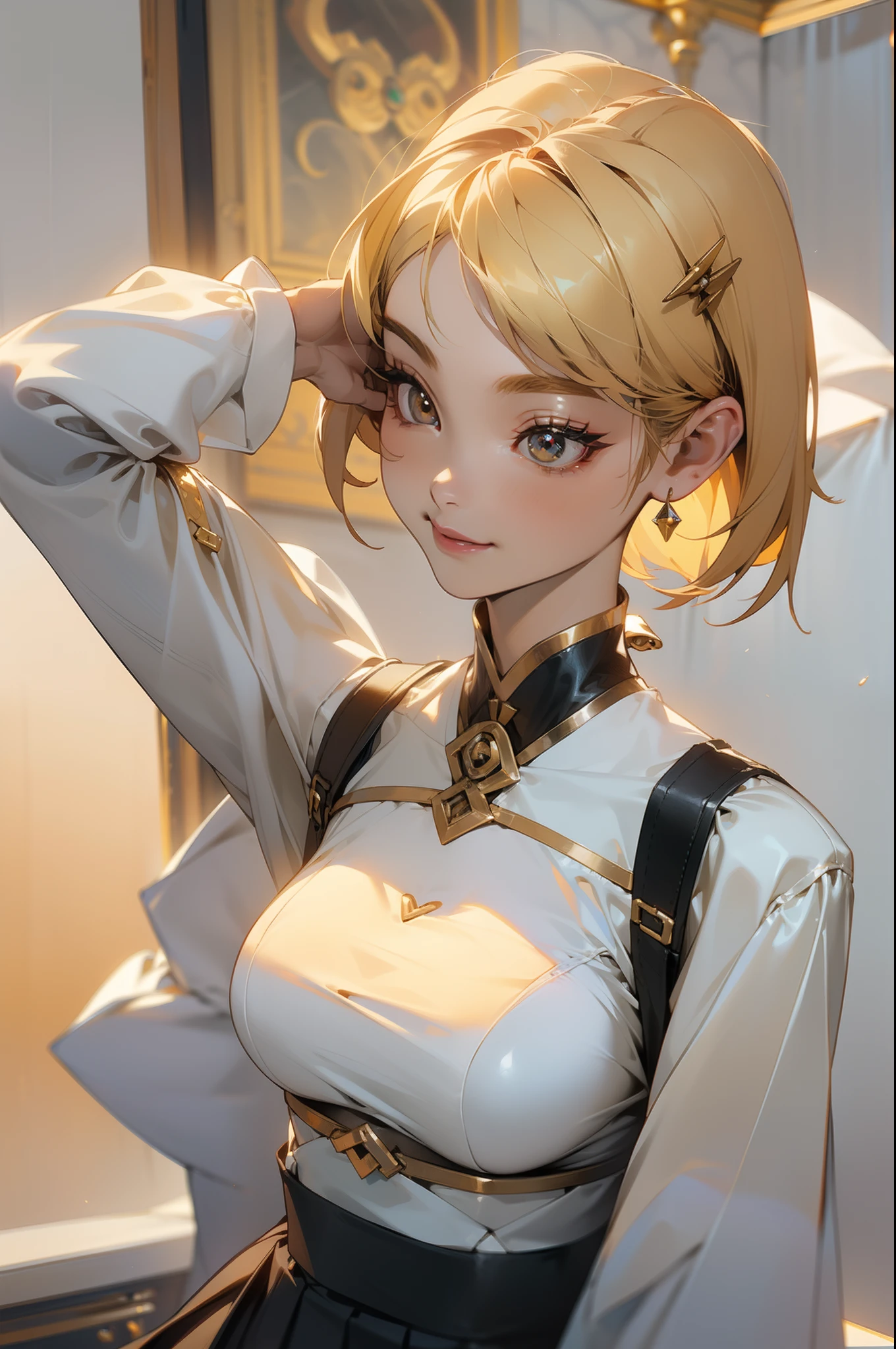 (Masterpiece), (Portrait), Big breasts (Aesthetics), ((1 Wolf Woman)) ((21 years old)), Highlight earrings), ((Short hair)), ((Blonde hair)), Smooth hair, Thin eyes open, Brown eyes, Cute, Female, woman, Feminine, Beautiful, Feminine characteristics, Top, High quality, Aesthetic clothing, Professional angles, (Rule of thirds), (Female), (Feminine), (Feminine) , (Beautiful), (Feminine ) Features), Solo, (Attractive Koreans), Summer, (Ink fog), (mid afternoon), (vibrant light), Seductive posture, ((The face looks straight ahead))), Simple long sleeves at hips, off-the-shoulder jumping shirt, short pleated skirt ((energy)), (Bold makeup), (Big breasts), light skin color, (Clothes with hip-hop details), (Crop top), (Sleep neckline), Beautiful hands, Beautiful body, Beautifulears, Normal ears, Beautiful eyes, Bright eyes, Beautiful mouth, Beautiful lips,