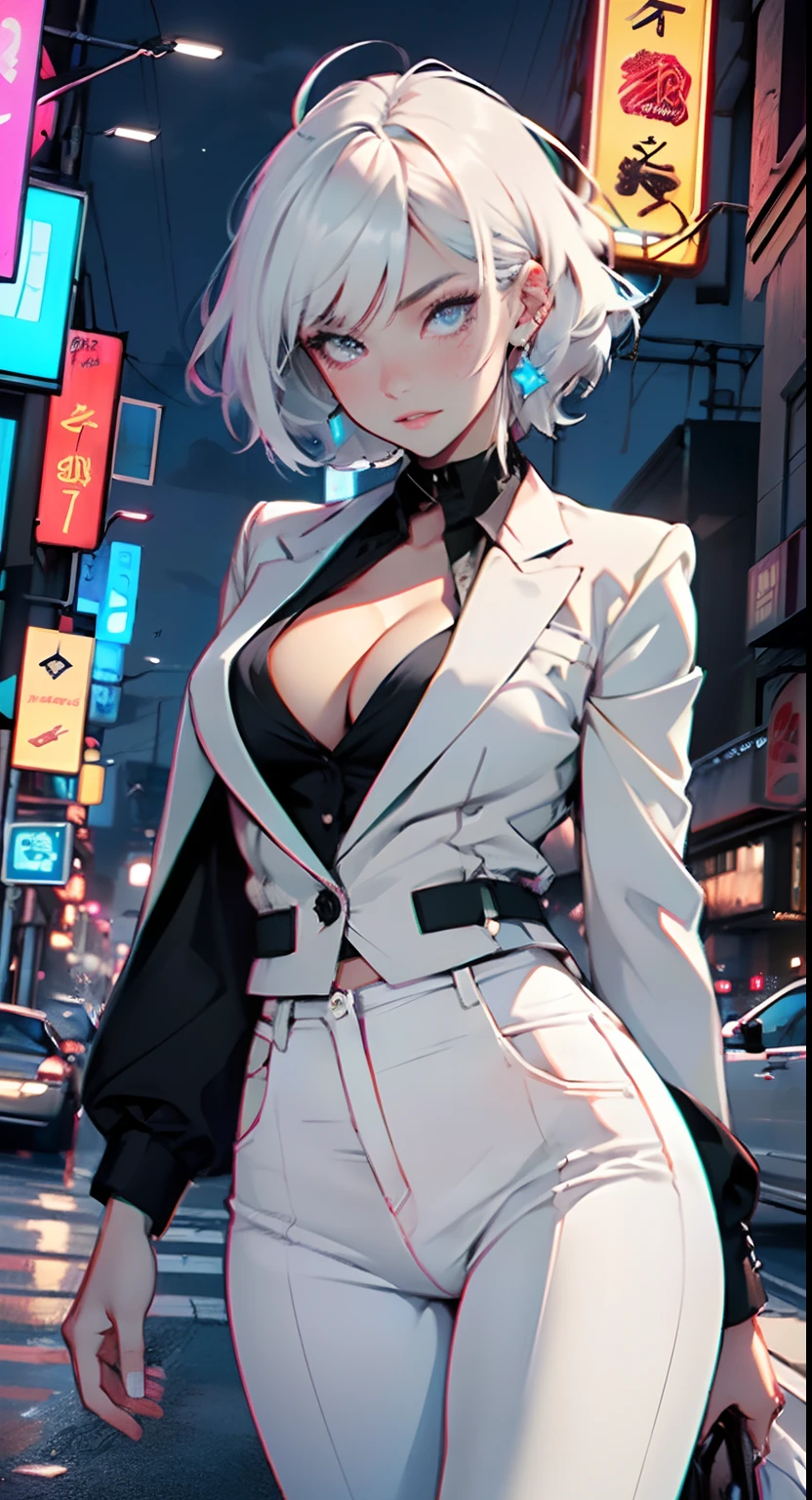 cute albino girl,(((1girl))),((anime albino girl with extremely cute and beautiful white hair walking seductively down the street)),
(small breasts:1.4),(((white hair:1.35,colored inner hair,ear breathing,small hair,tomboy haircut))),((heterochromia,eye1 white,eye2 aqua,perfect eyes,upturned eyes:1.3,beautiful detailed eyes,finely detailed beautiful eyes:1,big highlight on eyes:1.2,slanted eyes)),((fat)),(((pale skin,lustrous skin:1.5,bright skin: 1.5,skin tanned,shiny skin,very shiny skin,shiny body,plastic glitter skin,exaggerated shiny skin))),(spider lower abdomen,narrow waist,wide hip,athletic body,inflated legs,delicate detailed fingers,detailed body,detailed arms,human hands,(detailed face)),
cute,slutty,seductive,erotic,(((nsfw))),
(((wearing white formal blazer,white pants,))),(((huge cleavage))),(detailed outfit,detailed clothes),
(dynamic pose:1.0),solo focus,embarrassed,centered,scale to fit dimensions,Rule of thirds,
outdoors,((night view)),(very pretty city neon synthwave,cyberpunk night street Background:1.5,dark sky,thick clouds),future vehicles,((neon lights)),thick clouds,(cyberpunk style,neon lights, (synthwave theme background), lonely street),(((detailed background:1.25))),
(best quality),(high resolution),(sharp focus),(ultra detailed),(extremely detailed),(extremely high quality artwork),8k_wallpaper,(extremely detailed CG 8k),(very fine 8K CG),((hyper super ultra detailed perfect piece)),flawless,(((masterpiece))),illustration,vibrant colors,(intricate),High contrast,Selective lighting,Double exposure,HDR (High Dynamic Range),Post-processing,Background blur,
