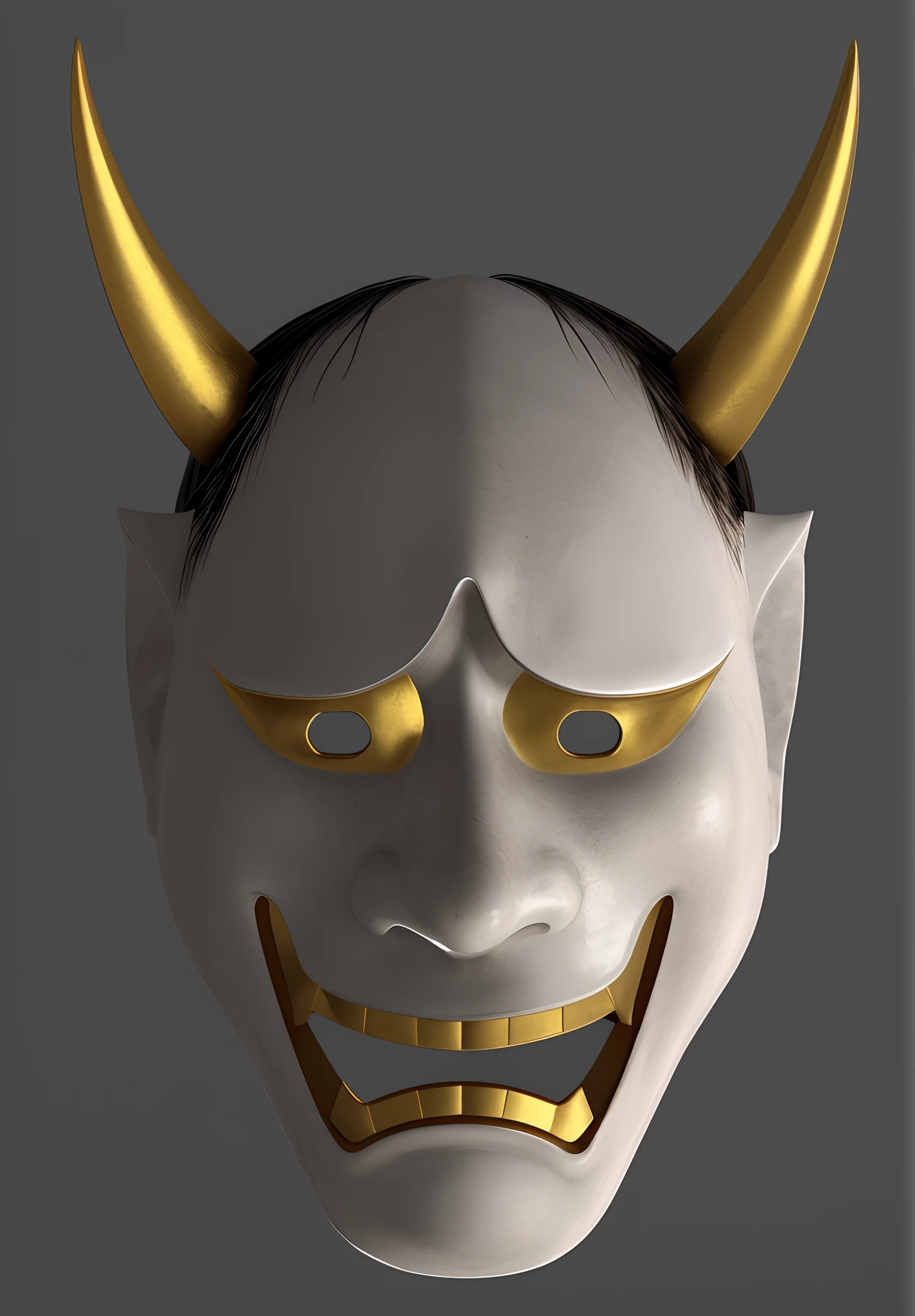 White surface，Stain-free glossy surface like pottery，Glows like pottery，Smooth surface shining white，The whole glows white like pottery，Close up of mask with horns and gold teeth, 3d model of a japanese mascot, Samurai Mask, inspired by Kaigetsudō Anchi, PBR rendering, oni horns, kabuki mask, rendered in maya, tengu mask, extra detailed face