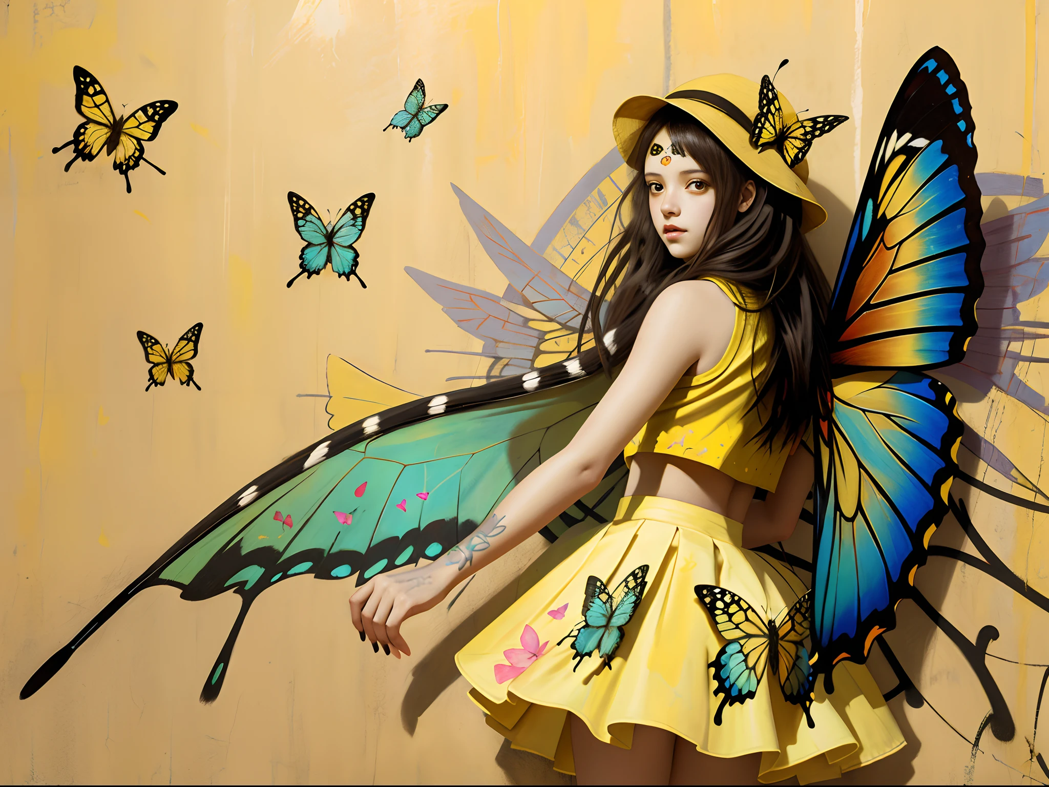 graffiti art of a woman with a butterfly on a yellow wall, inspired by Brad Kunkle, tutu, russ mills, hip skirt wings, by andrey gordeev