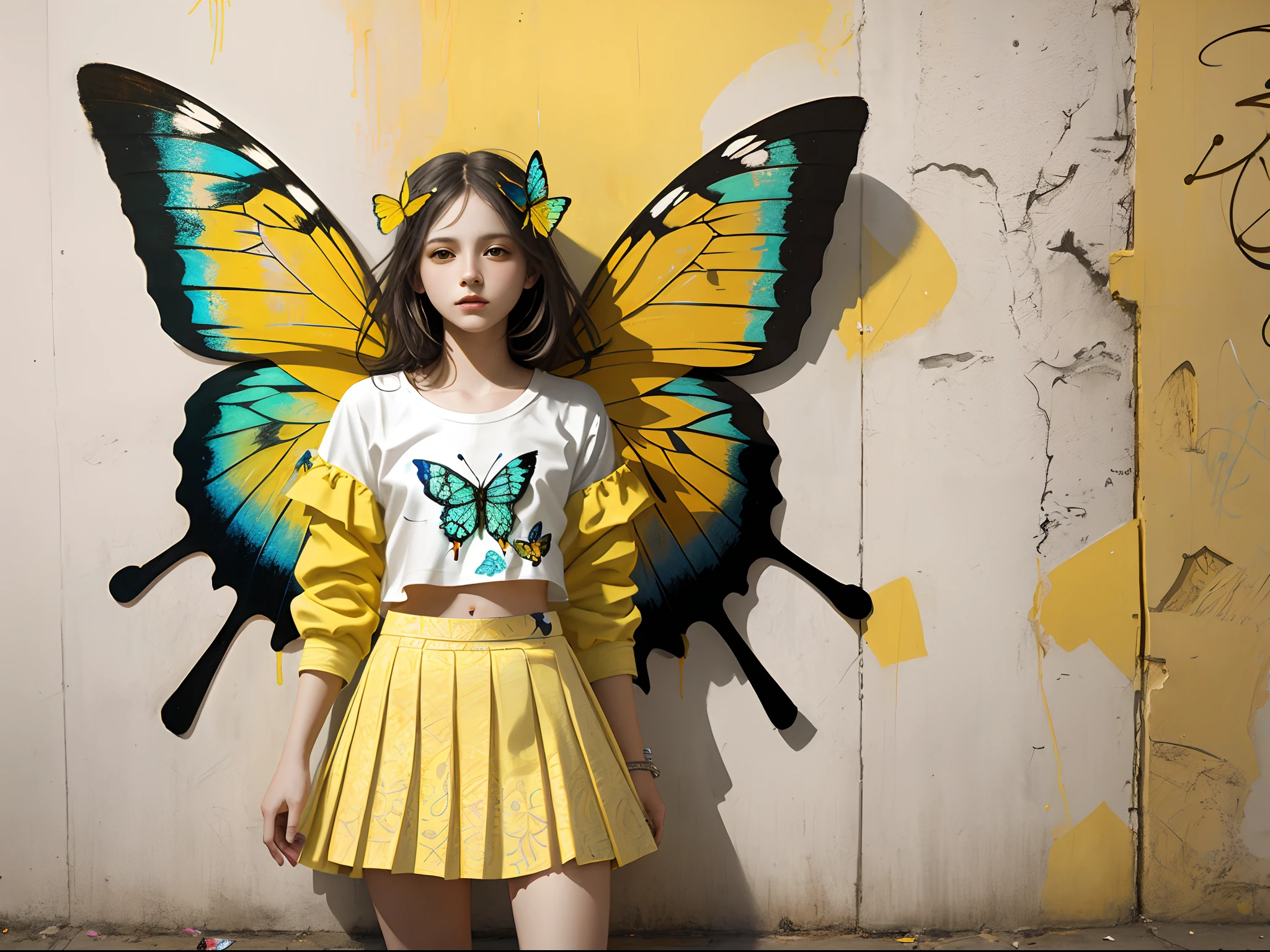 graffiti art of a woman with a butterfly on a yellow wall, inspired by Brad Kunkle, tutu, russ mills, hip skirt wings, by andrey gordeev