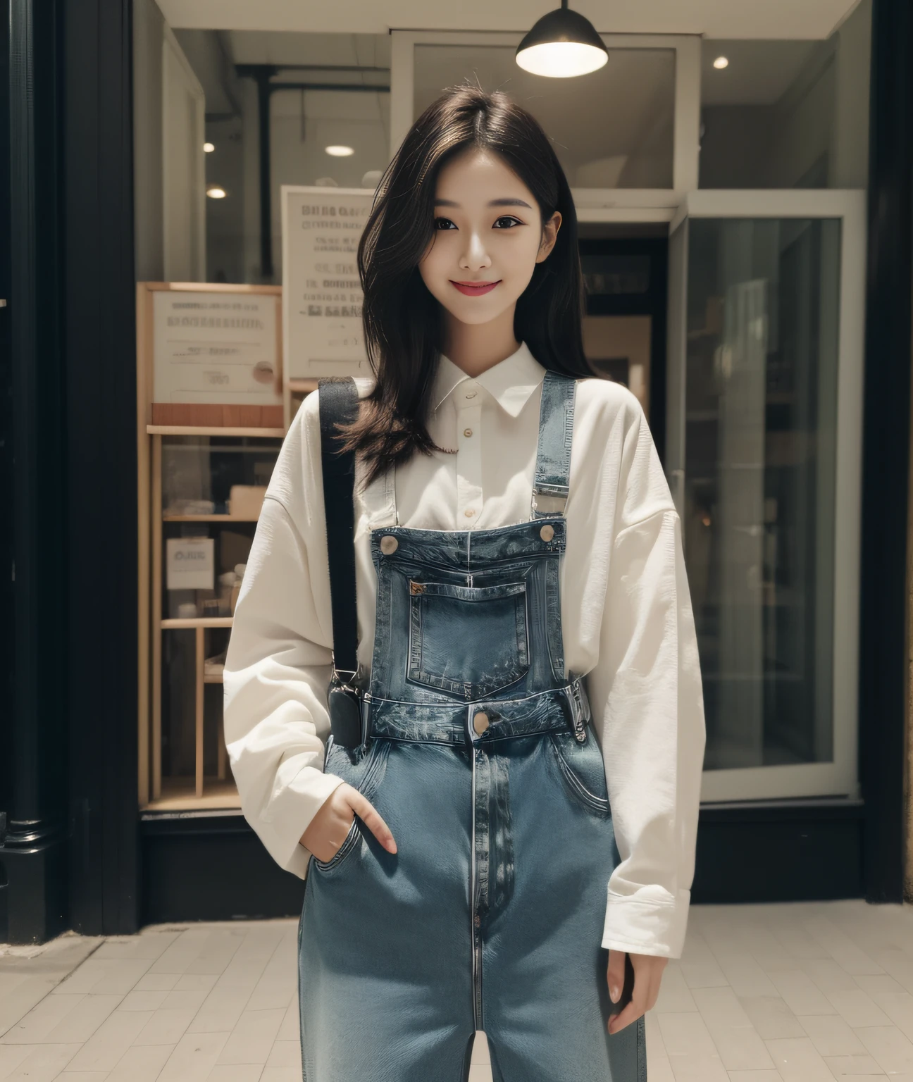 ((Best Quality, 8K, Masterpiece: 1.3)), a beauti, In addition, melon face, Friendly and cute, sweet smile, Pure desire, Slender body, (s whole body), (tilted head), ((looking at camera)), Medium Black Silky Straight Hair, Long flowing shoulders, round black big eyes, clear big eyes, moist red lips, Cafe shop background, ((full body shooting)), ( Oversized casual shirt, denim pants ), (full body shots)