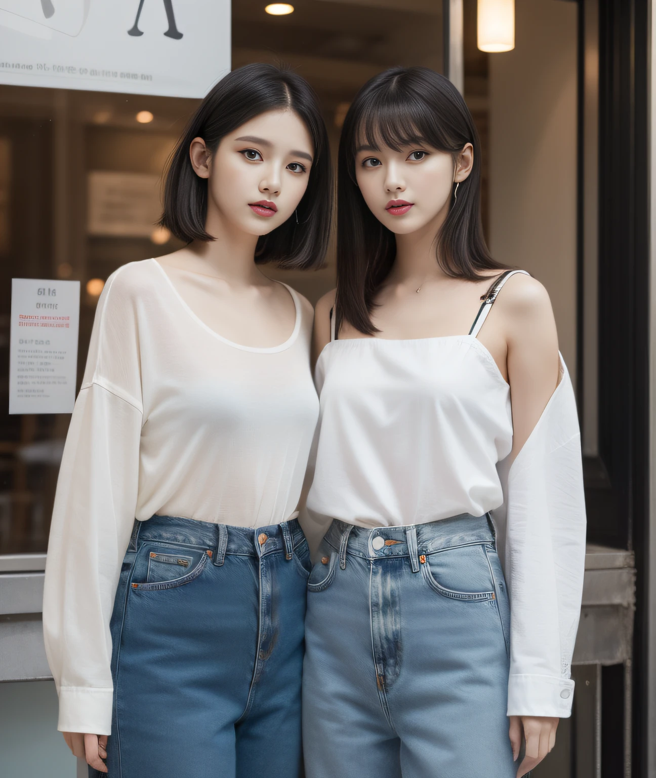 ((Best Quality, 8K, Masterpiece: 1.3)), a beauti, In addition, melon face, Friendly and cute, sweet smile, Pure desire, Slender body, (s whole body), (tilted head), ((looking at camera)), Medium Black Silky Straight Hair, Long flowing shoulders, round black big eyes, clear big eyes, moist red lips, Cafe shop background, ((full body shooting)), ( Oversized casual shirt, denim pants ), (full body shots)