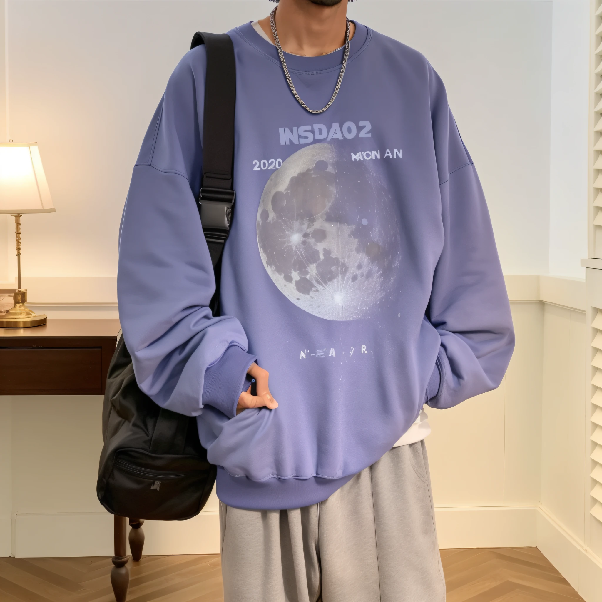 arafed man in a purple sweatshirt and grey pants holding a black bag, 2 0 2 0 fashion, trending on r/streetwear, oversized, inspo, lunar themed attire, casual streetwear, inspiration, y2k style, y 2 k style, 19xx, 🪔 🎨;🌞🌄, casual clothing style, the moon cast on the man