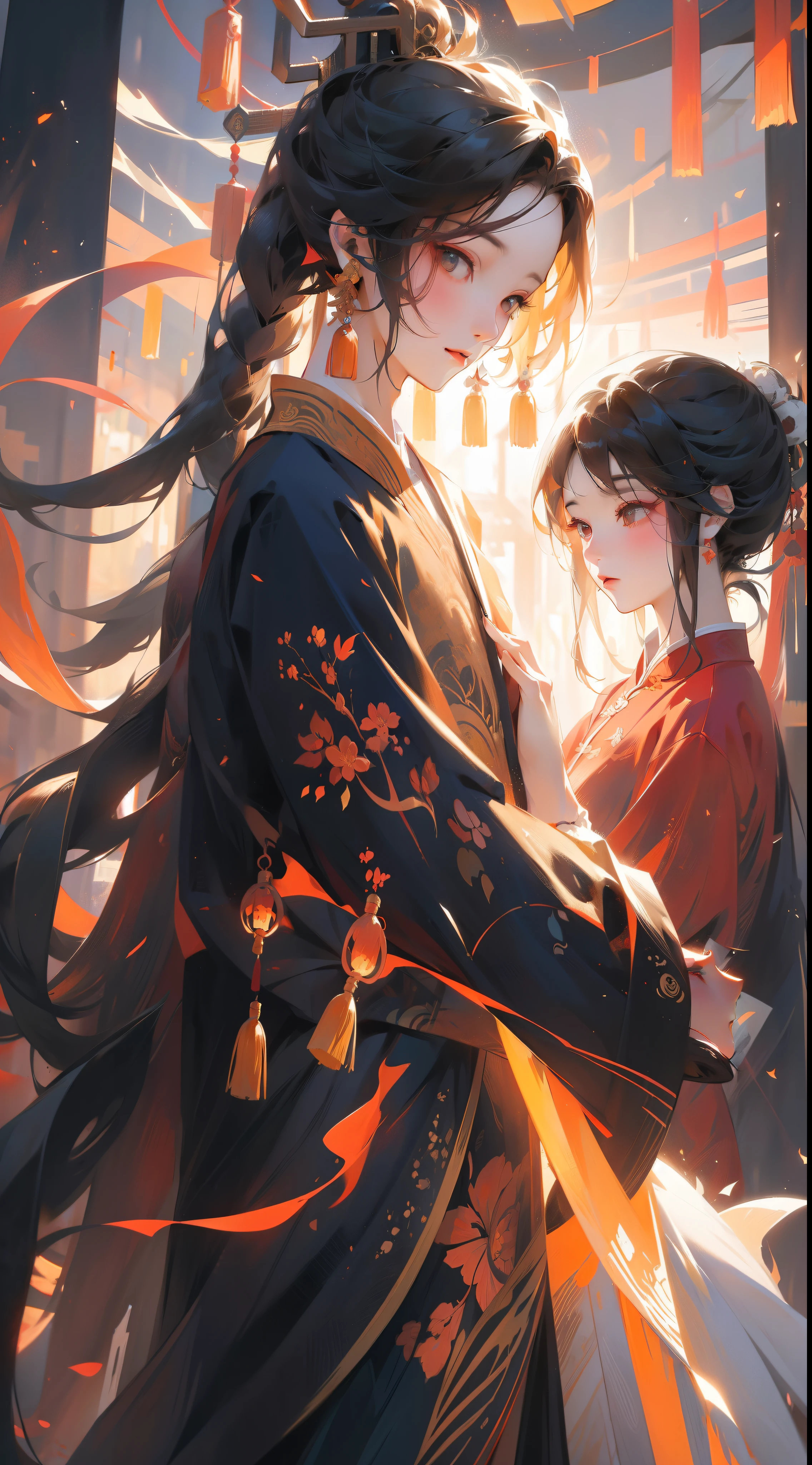 A Chinese couple,Tanabata, Magpie, Chinese landscape, abstract painting, Zen,Amy Sol style, cover art with light abstraction,simple vector art, contemporary Chinese art, color gradients, soft color palettes ,layered forms, whimsical animation, style Ethereal abstract --q2