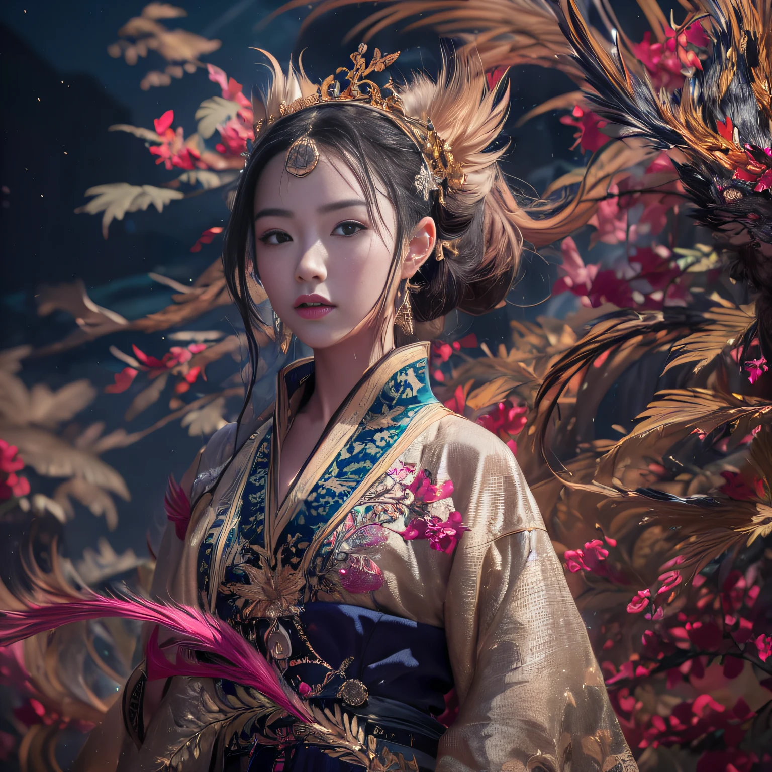 32K(tmasterpiece,k hd,hyper HD,32K)Long flowing black hair,Yellowstone,Tongzhou girl ,Indigo Water Bottle Protector(realisticlying:1.4),Flame dragon pattern robe,Purple-pink tiara,The leaves flutter,The canyon background is pure,Hold your head high,Be proud,The nostrils look at people,Bagua Boxing,Taiji Sword,In the practice of martial arts,jumpping, A high resolution, the detail,autumnal, RAW photogr, Sharp Re, Nikon D850 Film Stock Photo by Jefferies Lee 4 Kodak Portra 400 Camera F1.6 shots, Rich colors, ultra-realistic vivid textures, Dramatic lighting, Unreal Engine Art Station Trend, cinestir 800,Hold your head high,Be proud,The nostrils look at people