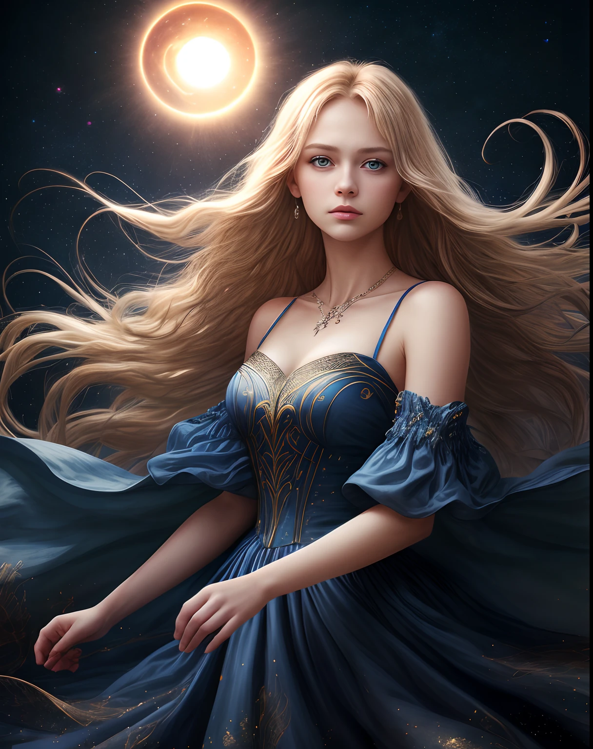 (best quality, masterpiece), young woman, pose, particle, wind, flower, upper body, night eclipse background, looking at viewer, long straight windblown blonde hair, detailded blue eyes, medieval princess blue dress, galaxy, backlit, rimlight, beautiful artwork, perfect composition